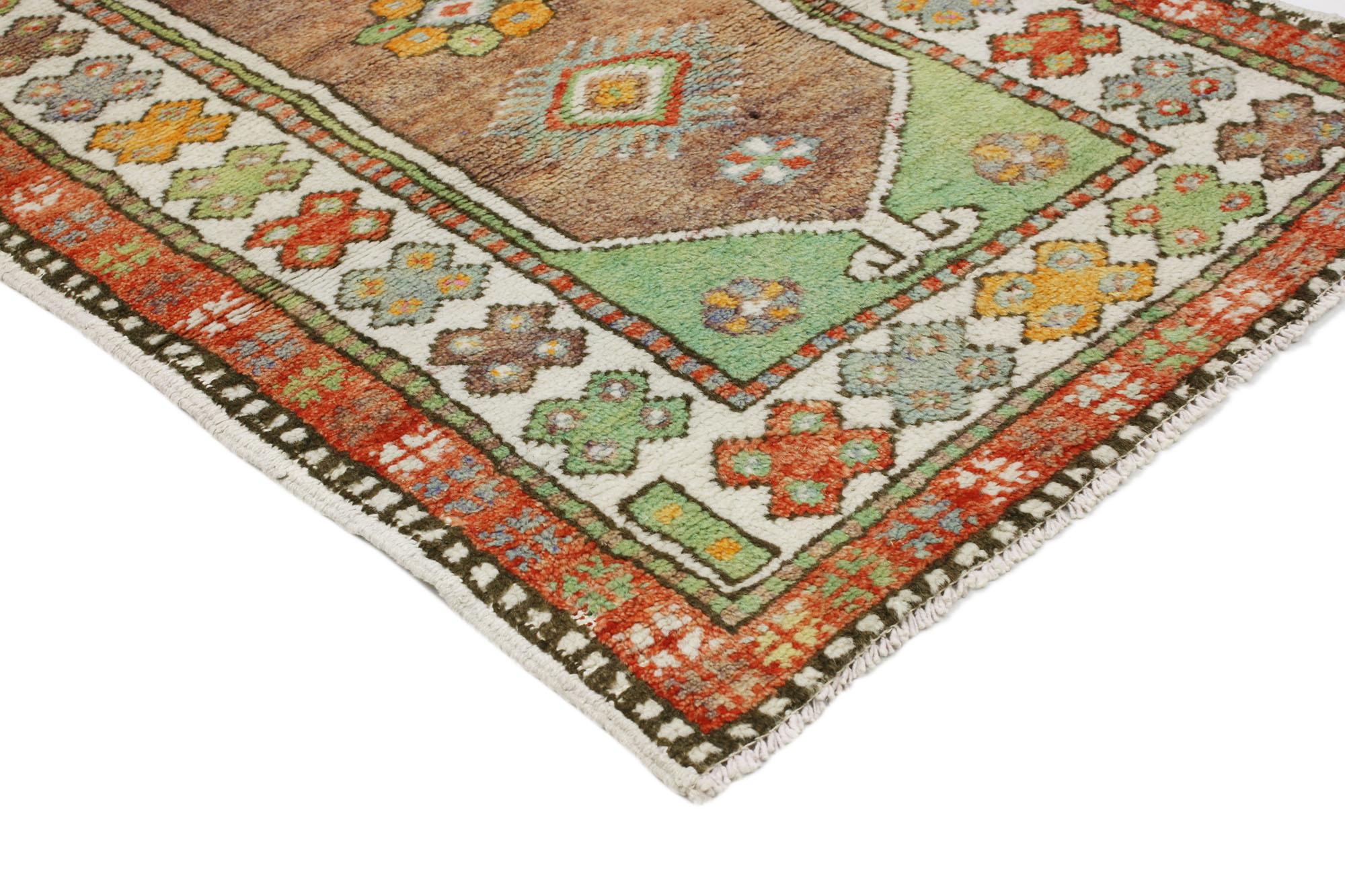 51766 Vintage Turkish Oushak Rug, 02'06 x 04'00.
Colorfully curated meets whimsical boho in this vintage colorful Oushak rug. The eye-catching tribal design and polychromatic colorway woven into this piece work together creating a bold, exotic look.