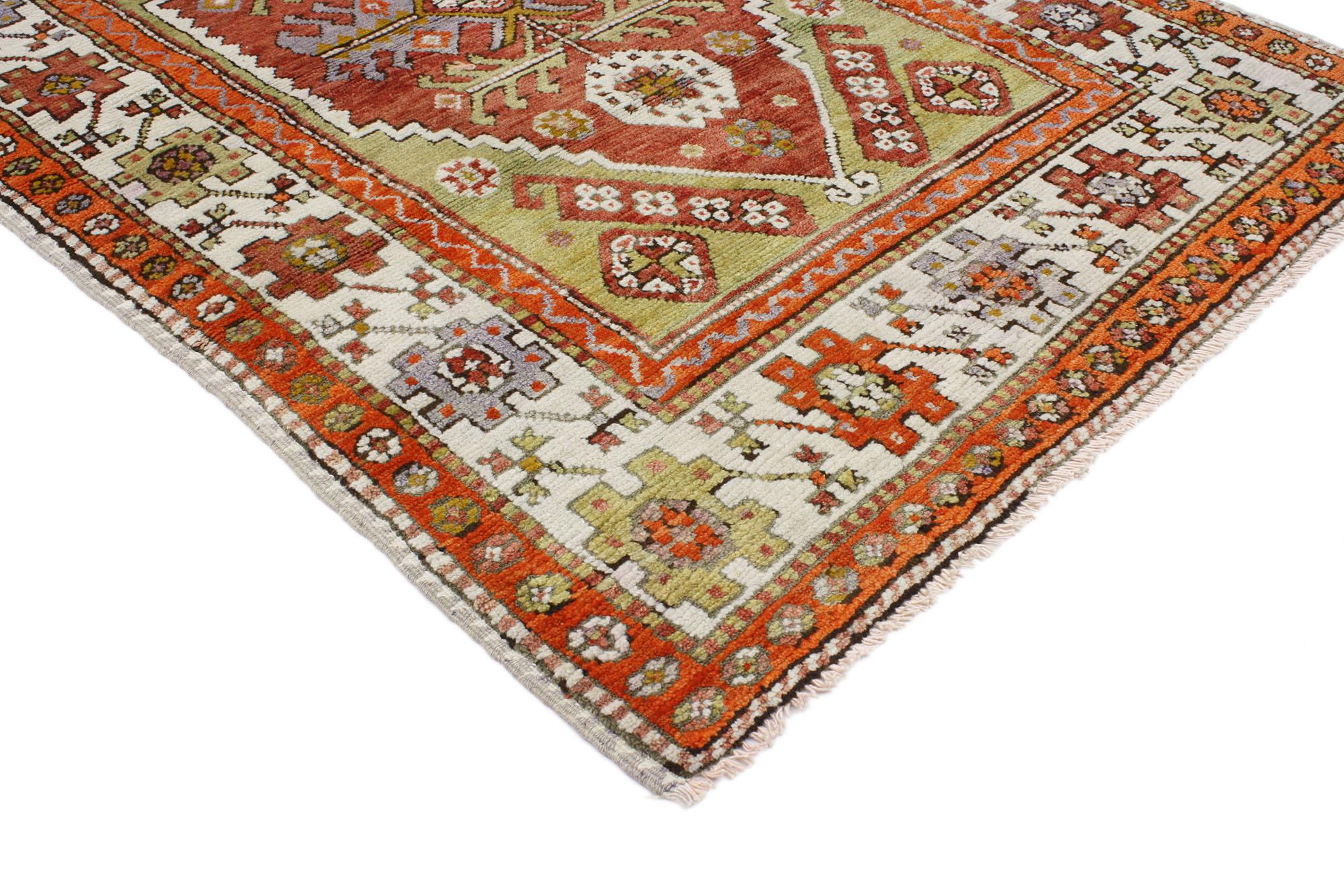 51760 Vintage Turkish Oushak Rug, 03'00 x 04'09.
Colorfully curated meets whimsical boho in this colorful Oushak rug. The eye-catching tribal design and lively colors woven into this piece work together creating a bold, exotic look. The composition