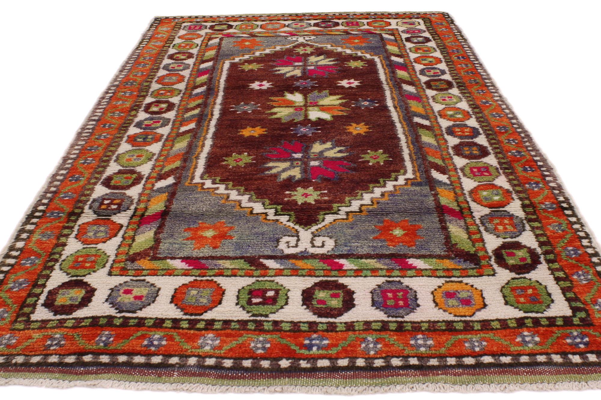 Hand-Knotted Vintage Turkish Oushak Rug, Colorfully Curated Meets Whimsical Boho For Sale