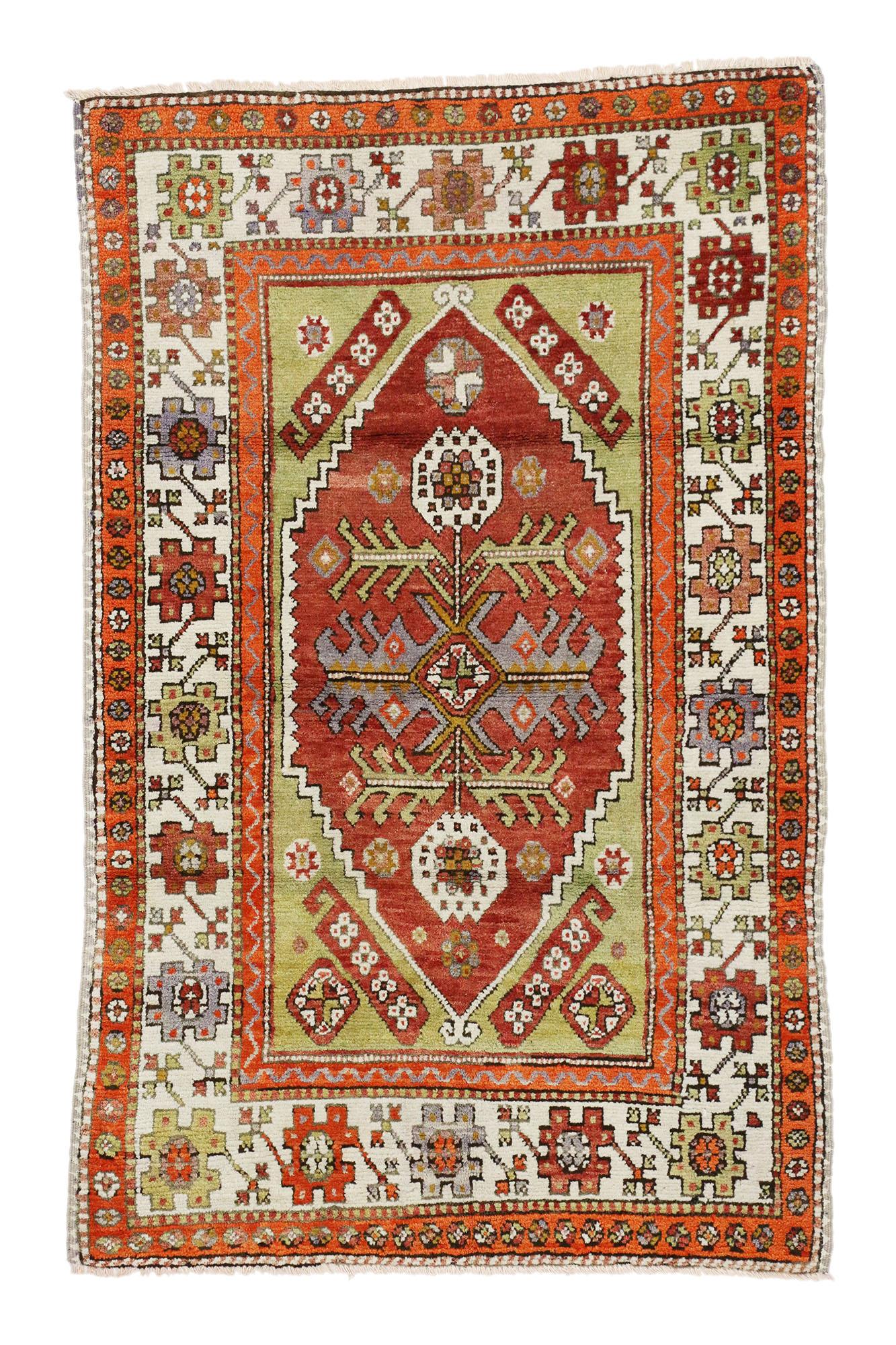 Wool Vintage Turkish Oushak Rug, Colorfully Curated Meets Whimsical Boho For Sale