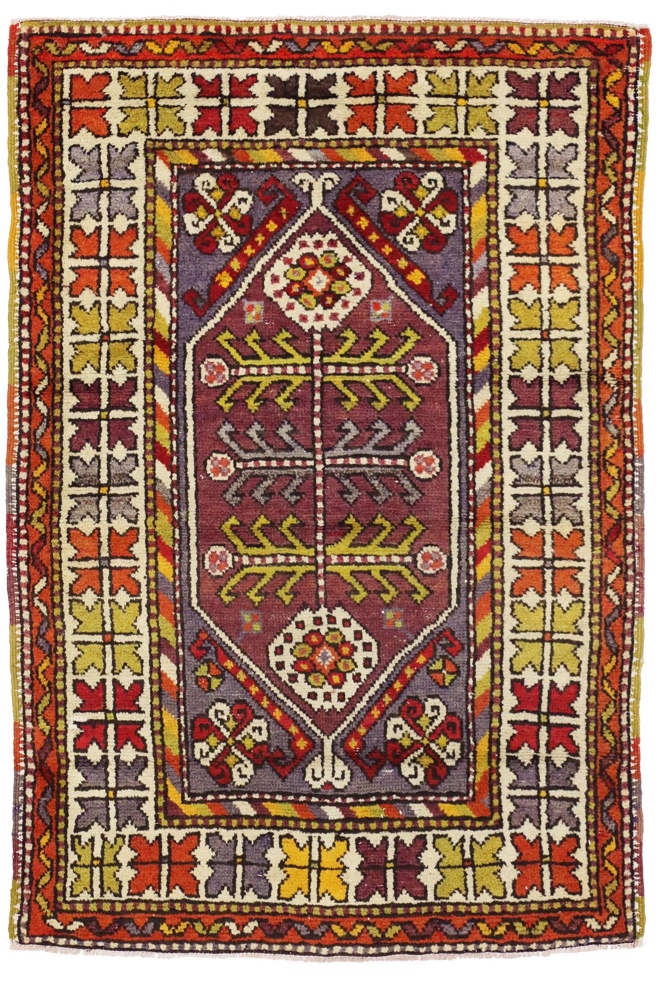 Wool Vintage Turkish Oushak Rug, Colorfully Curated Meets Whimsical Boho For Sale