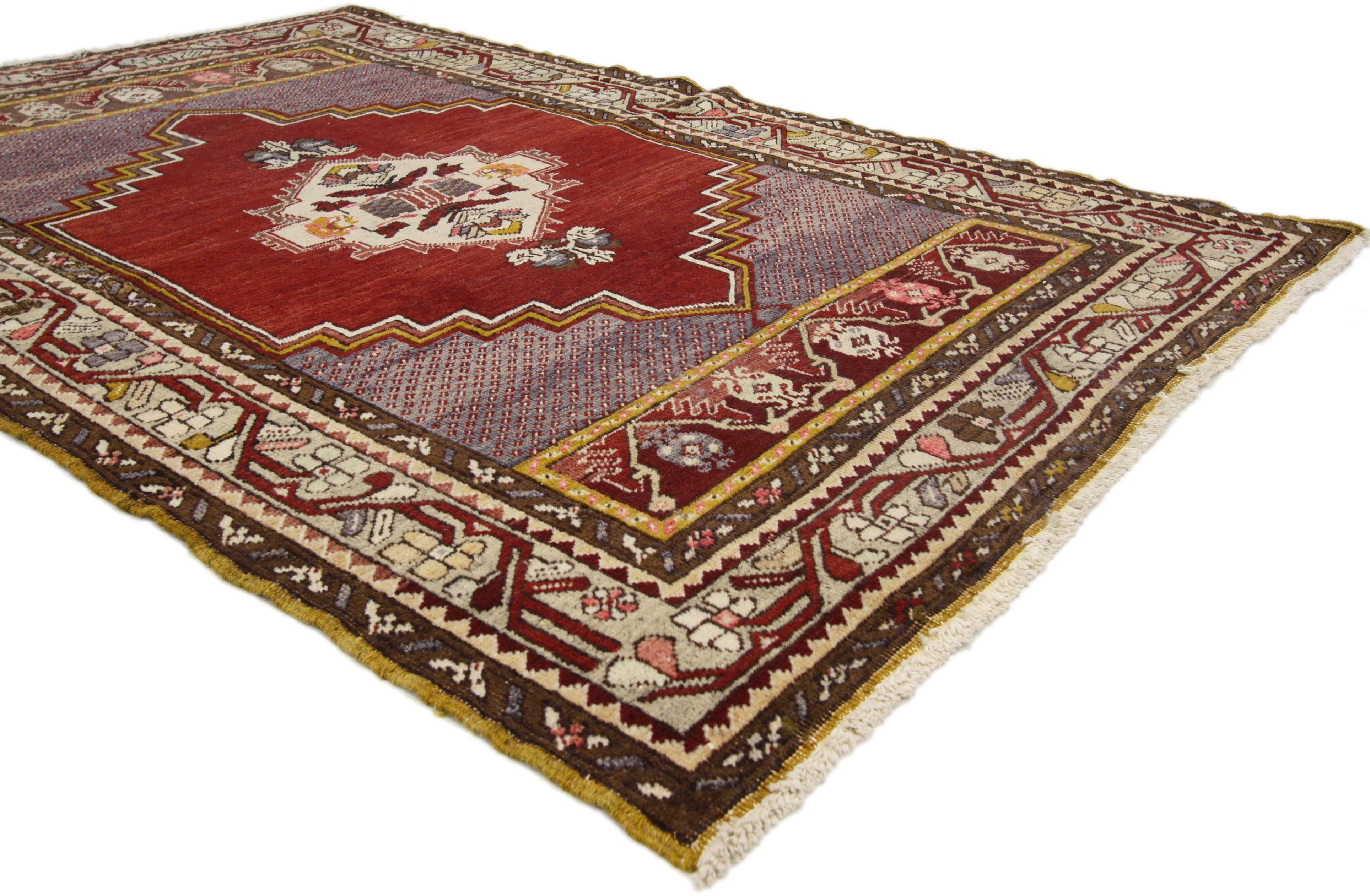 73866 Vintage Turkish Oushak Rug for Entry, Kitchen, Bathroom, or Foyer Rug 03'05 X 05'05. This vintage Turkish Oushak rug features a modern traditional style. Immersed in Anatolian history and refined colors, this vintage Turkish Oushak rug