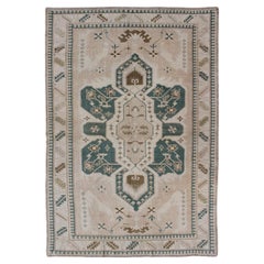 Vintage Turkish Oushak Rug Feat featuring Soft Ivory Field with Green 4'9 x 7'2