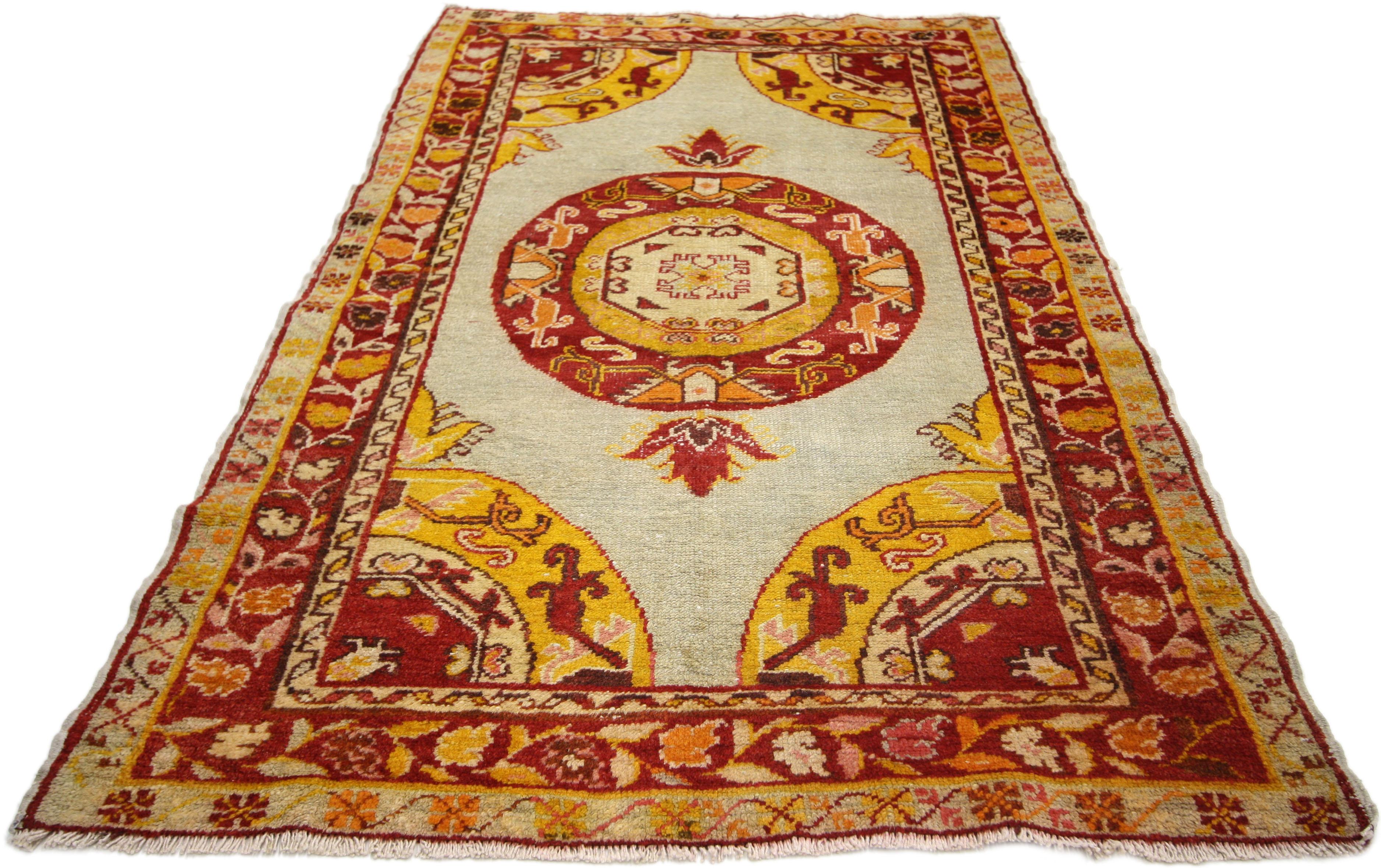 Hand-Knotted Vintage Turkish Oushak Rug for Kitchen, Bath, Foyer or Entryway For Sale