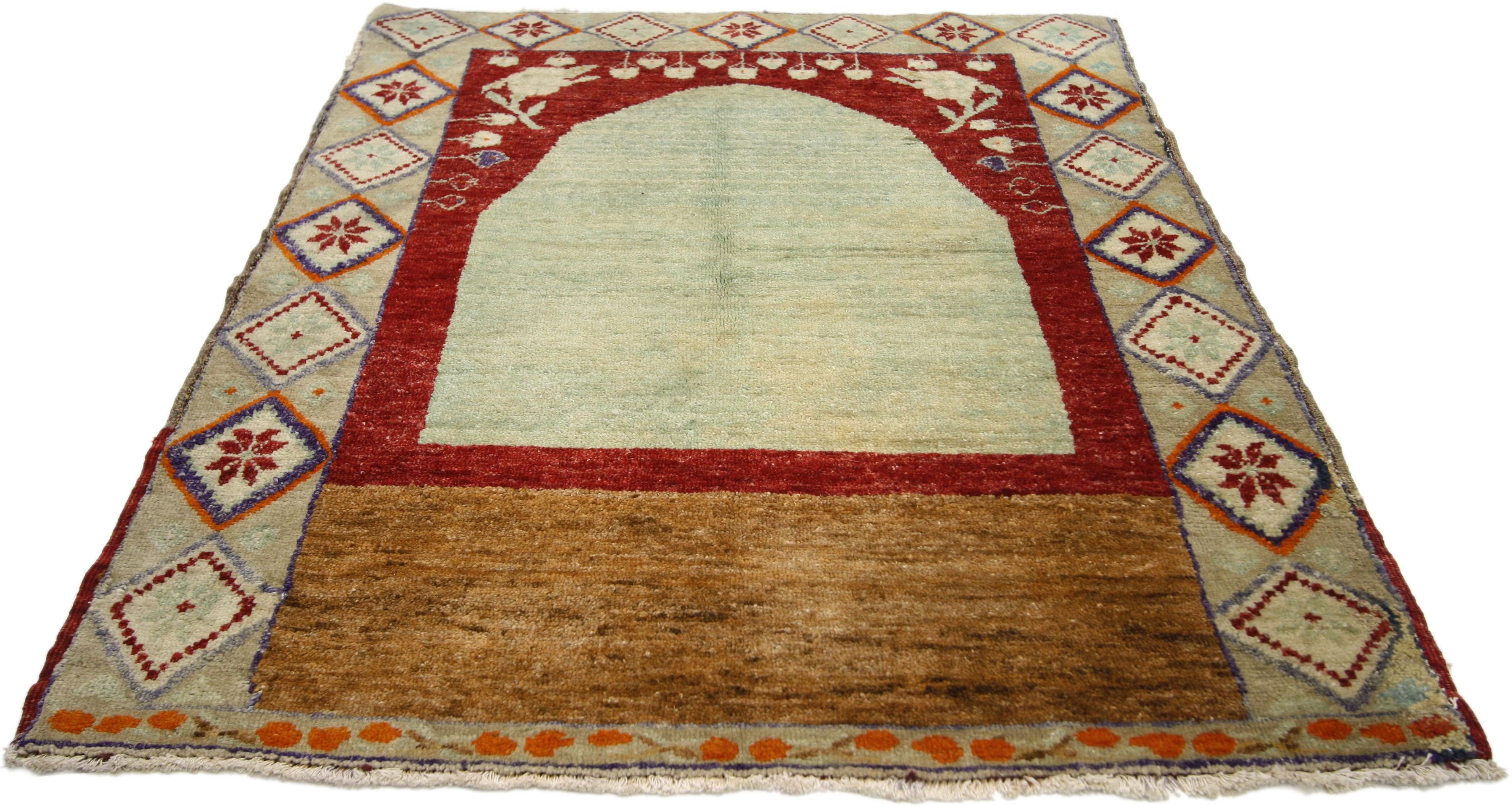 Hand-Knotted Vintage Turkish Oushak Rug for Kitchen, Bath, Foyer or Entryway, Prayer Rug For Sale