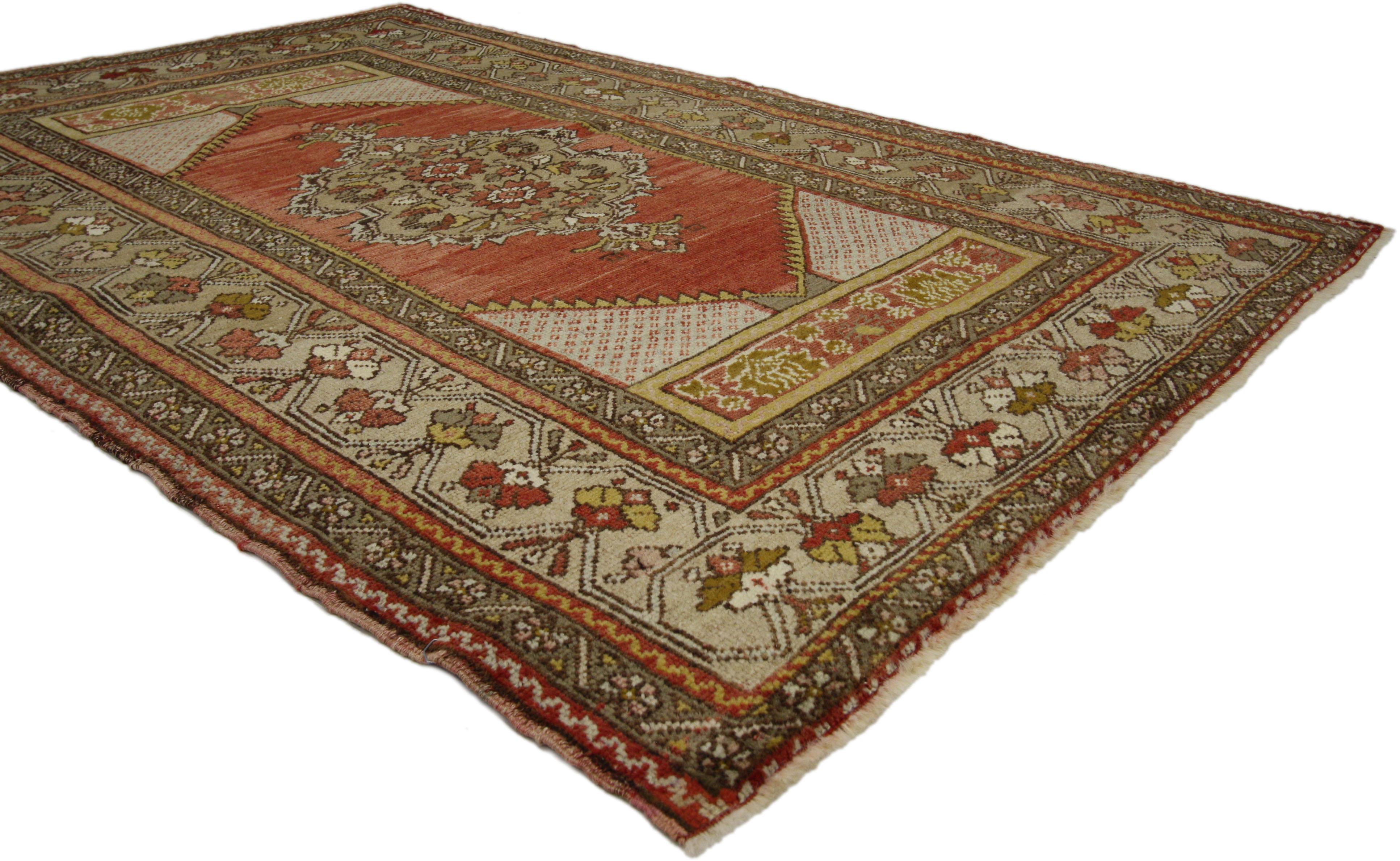 73854 Vintage Turkish Oushak Rug for Kitchen, Bathroom, Foyer or Entry Rug, 03'07 X 05'05. This vintage Turkish Oushak rug features a modern traditional style. Immersed in Anatolian history and refined colors, this vintage Turkish Oushak rug