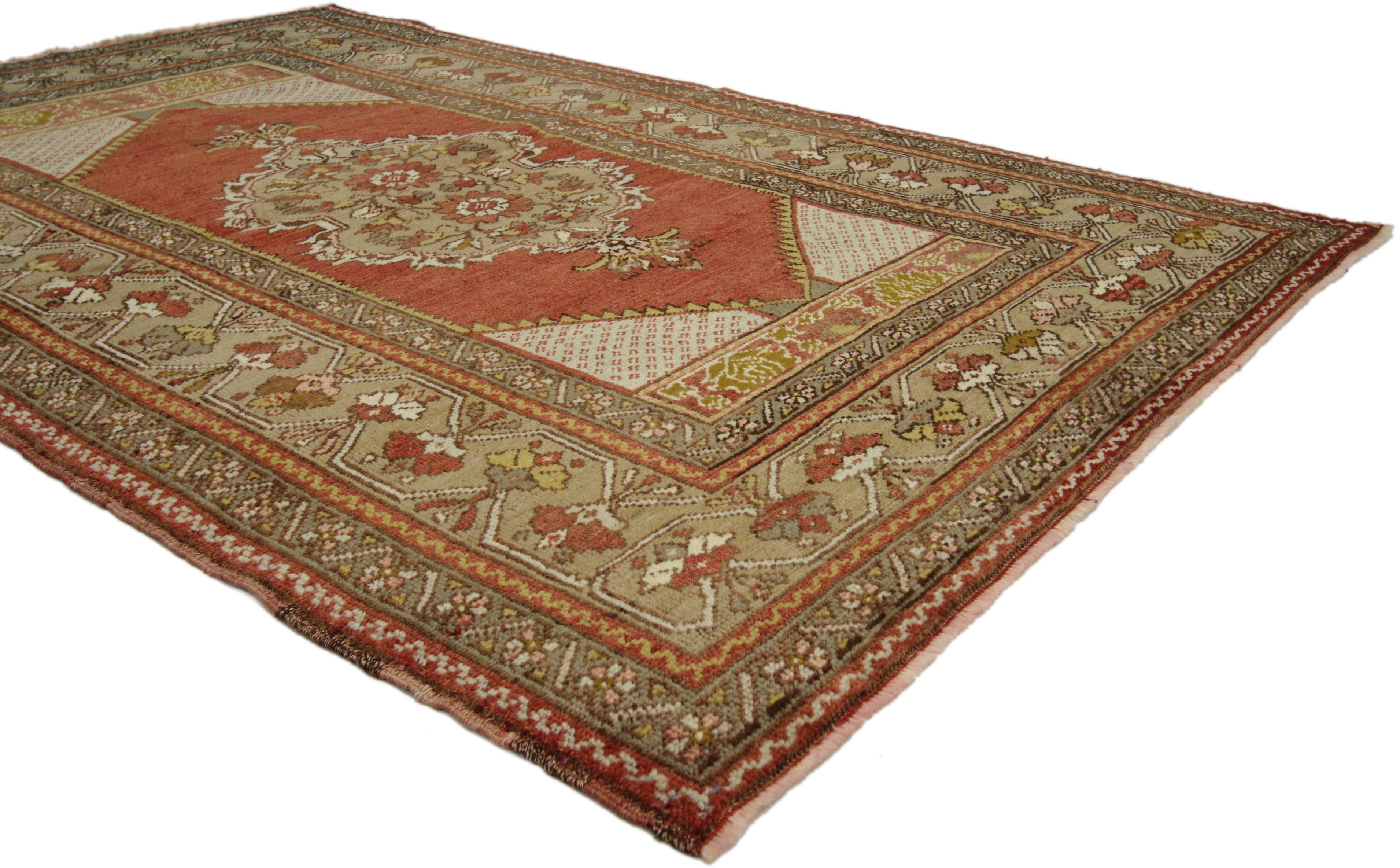 73855, Vintage Turkish Oushak Rug for Kitchen, Bathroom, Foyer or Entry Rug, 03'07 X 05'06. This hand-knotted wool vintage Turkish Oushak rug features a modern traditional style. Immersed in Anatolian history and refined colors, this vintage Turkish