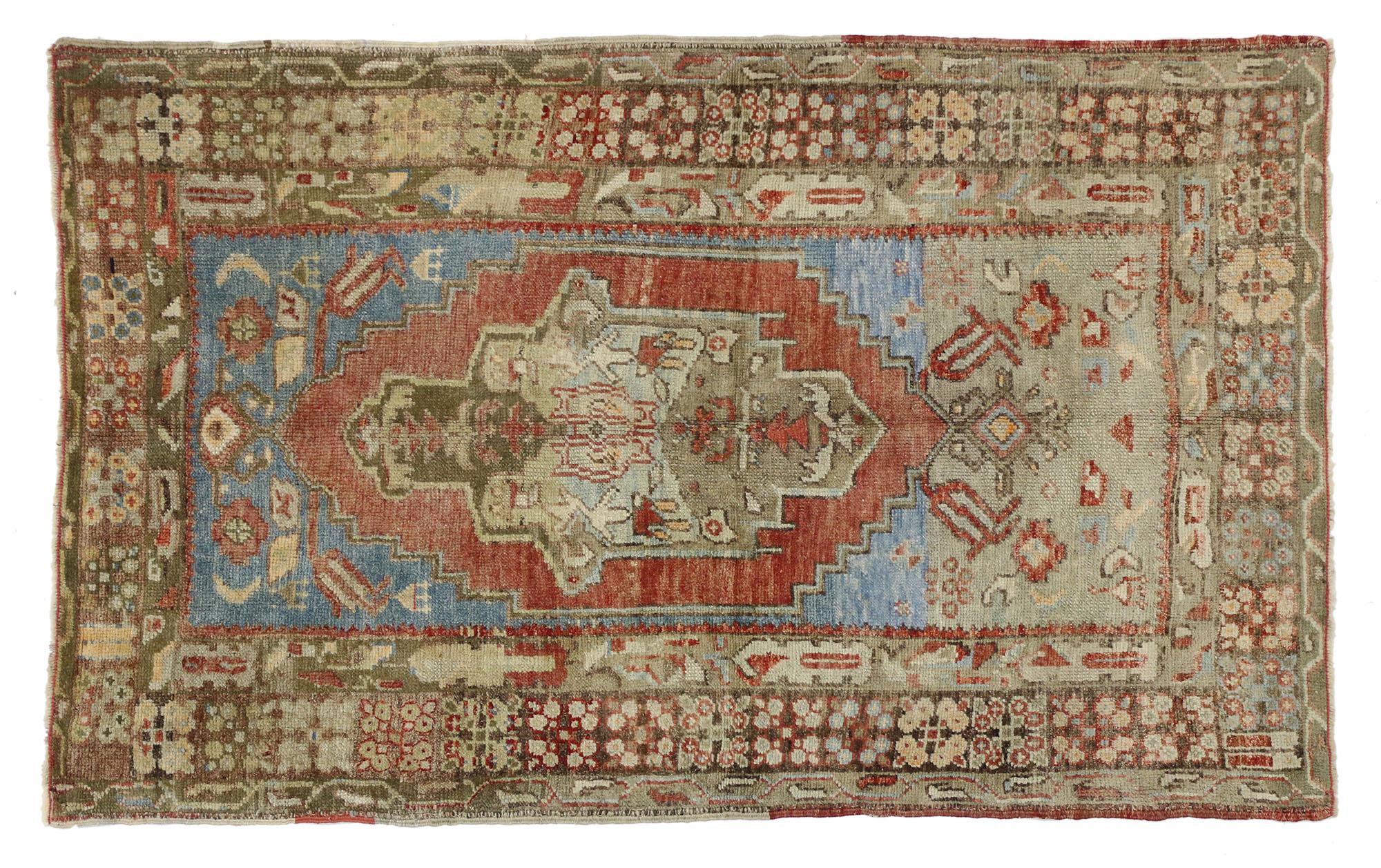 Hand-Knotted Vintage Turkish Oushak Rug with Rustic Artisan Style For Sale