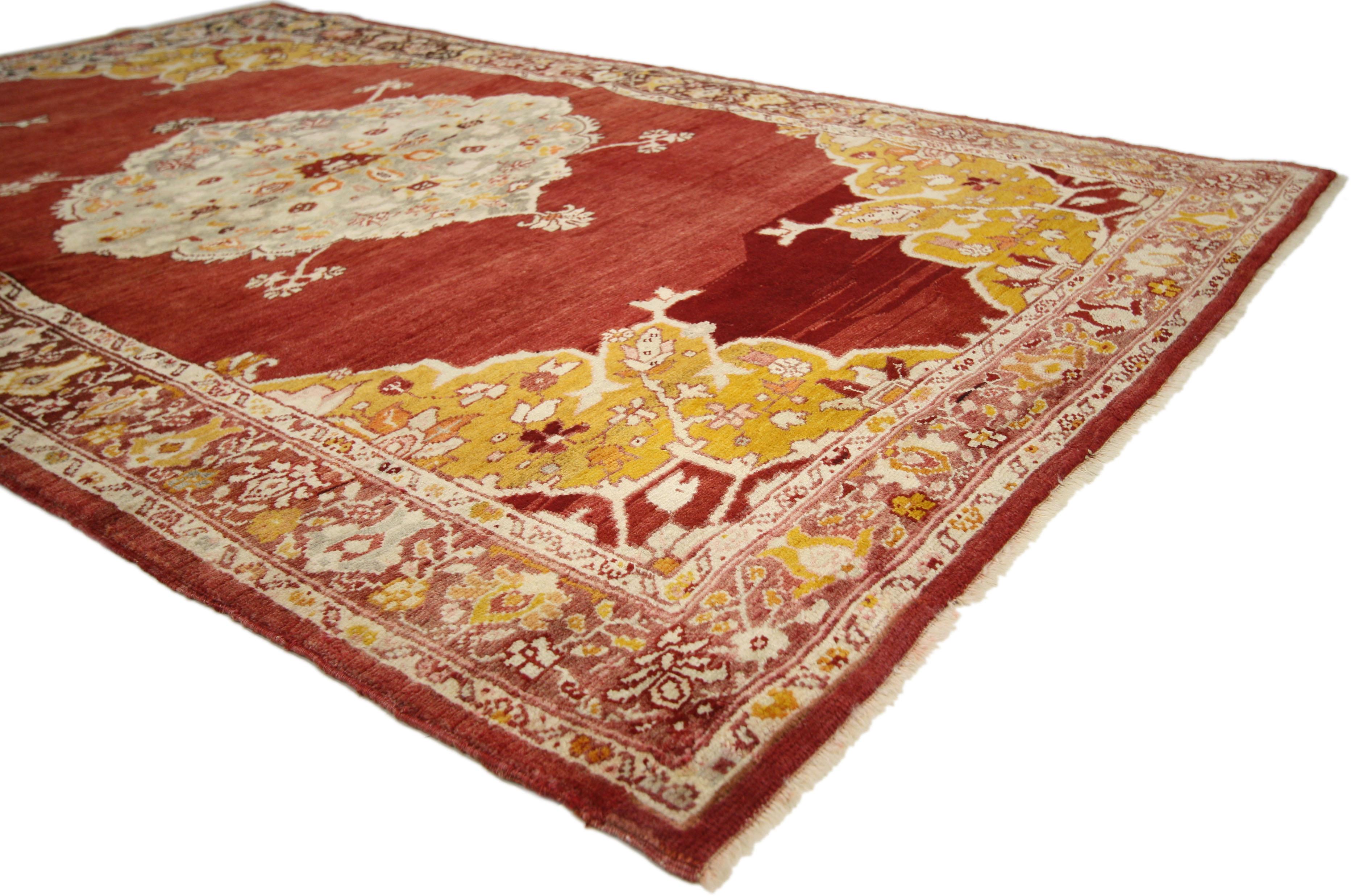 73837 Vintage Turkish Oushak Rug with Modern Traditional Style. From casual elegance to fresh and formal, relish the refinement as this vintage Turkish Oushak rug with modern traditional style. Its bold colors evoke an air of warmth and comfort with