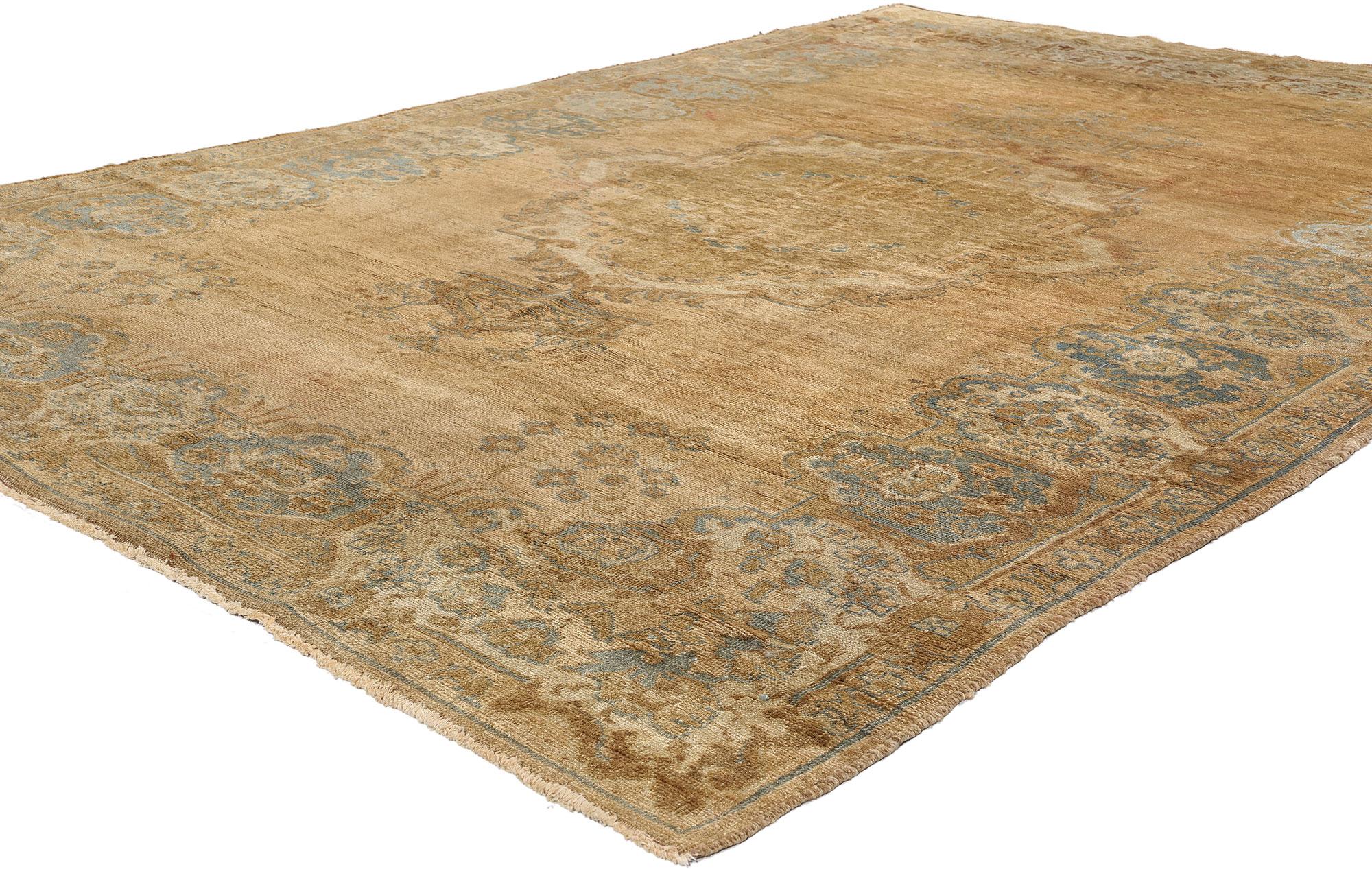 73755 Vintage Earth-Tone Turkish Oushak Rug, 07’00 x 10’04. Bathed in the golden hues of a fading Anatolian sun, this hand-knotted wool vintage Turkish Oushak rug exudes a regal serenity that whispers of ancient palaces and timeless grace. At the