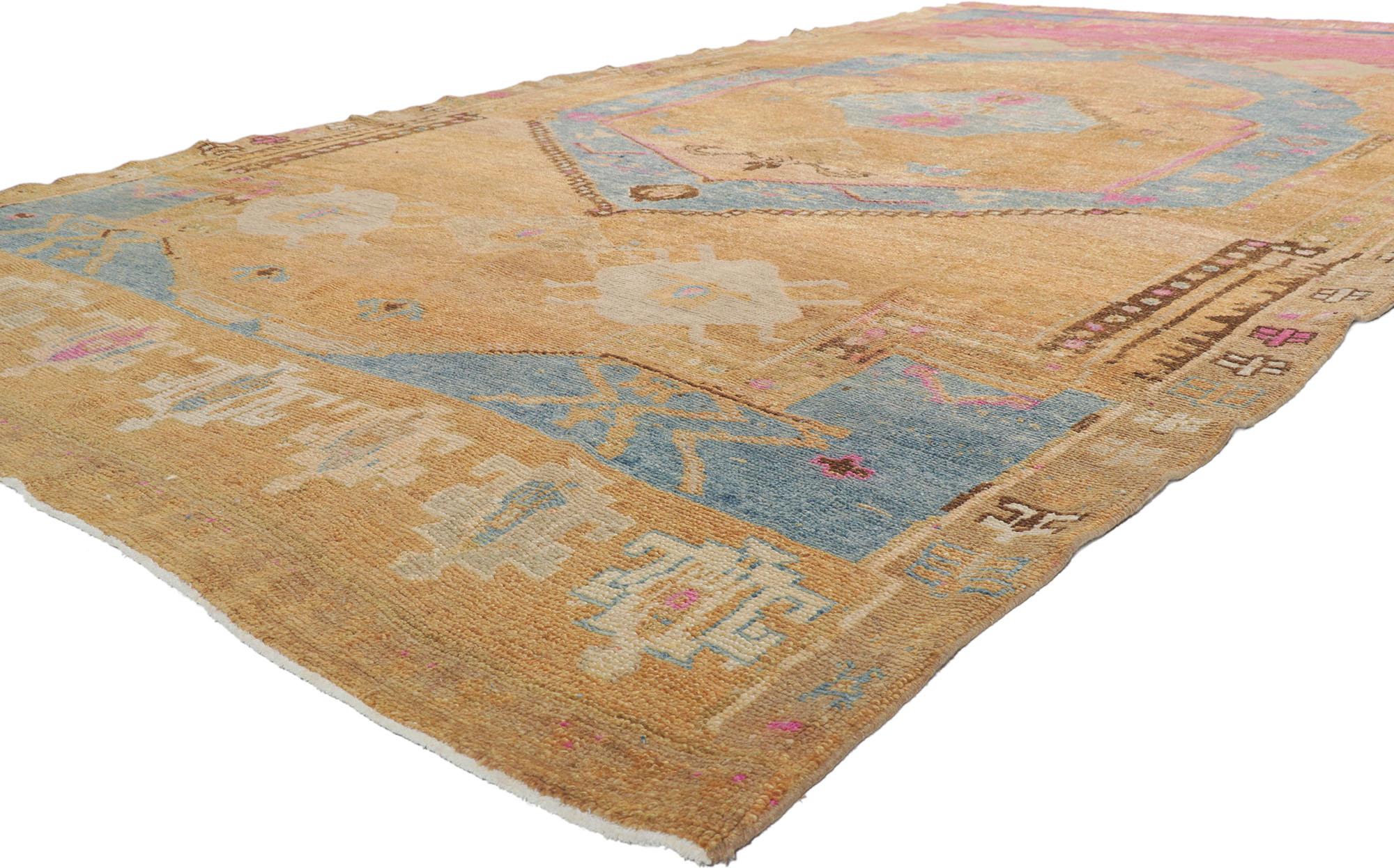 53787 Vintage Turkish Oushak Rug, 07'06 x 13'08.
Global Chic meets colorfully curated in this hand knotted wool vintage Turkish Ouhak rug. Prepare to be transported to a mystical realm of Anatolian wonder summoning visions of ancient enchantments