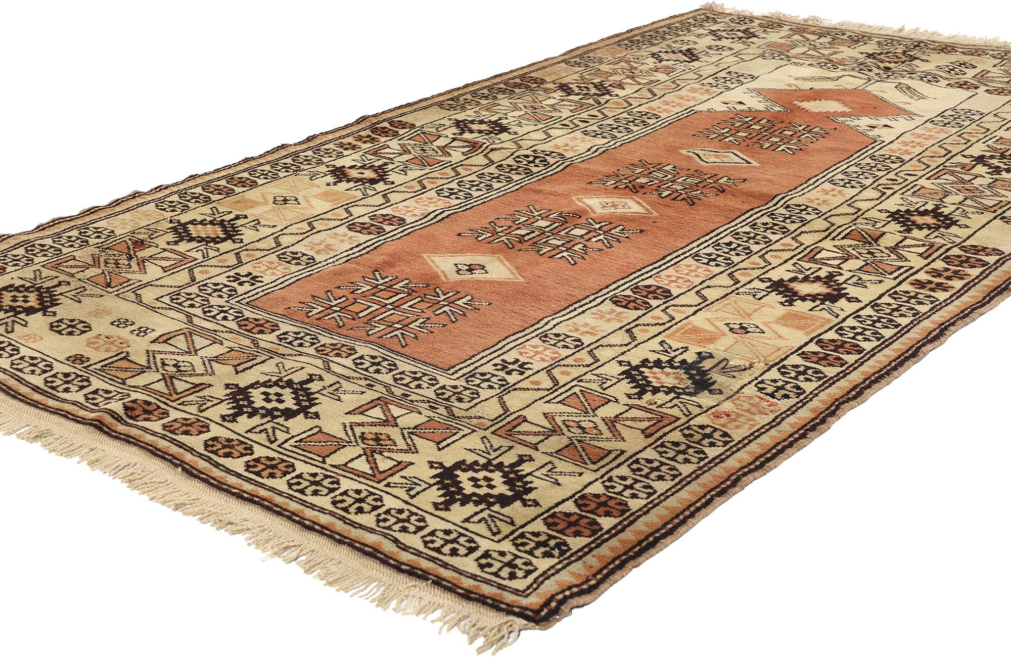 78217 Vintage Turkish Oushak Prayer Rug, 04'00 x 07'02. Step into the rich culture of Anatolian history, where tribal enchantment meets timeless elegance in this hand-knotted wool vintage Turkish Oushak prayer rug. A testament to centuries past,