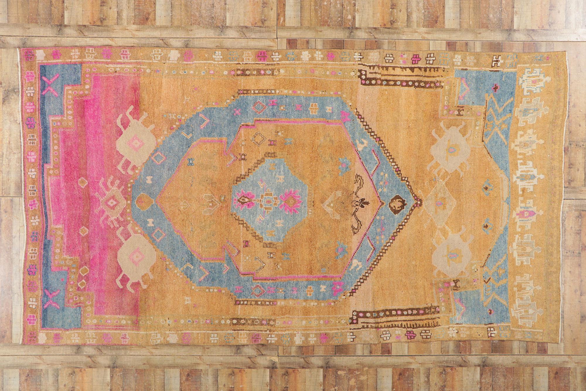Vintage Turkish Oushak Rug, Colorfully Curated Meets Global Chic For Sale 3