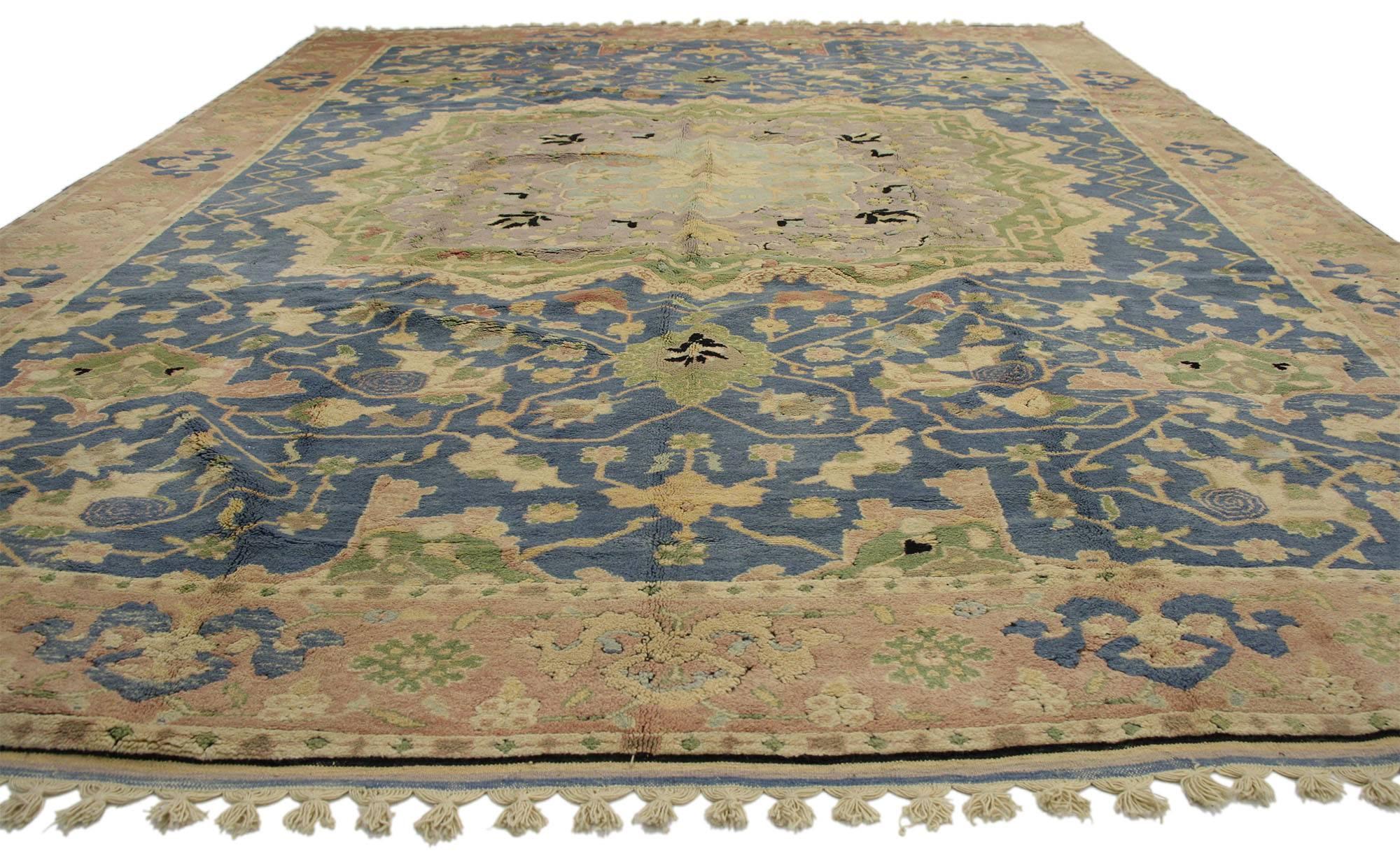 77126 Vintage Turkish Oushak Rug with Georgian Country Cottage Style 10'06 x 13'00. Give your home fashion-forward style without going overboard with this vintage Turkish Oushak rug. This hand-knotted wool vintage Oushak rug features a tri-colored