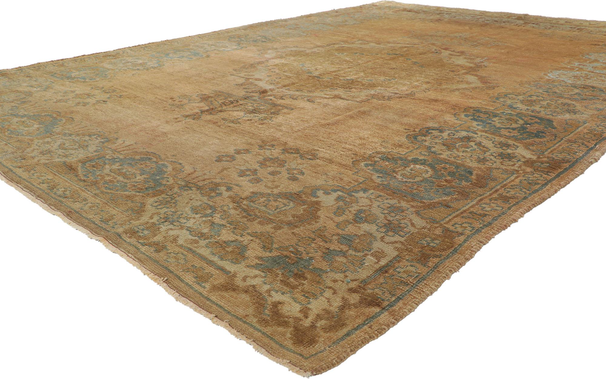 73755, vintage Turkish Oushak rug with chinoiserie style or modern traditional design. This hand-knotted wool vintage Turkish Oushak rug with features a large scale medallion with petal like lobes and two crowns extending from either end. The