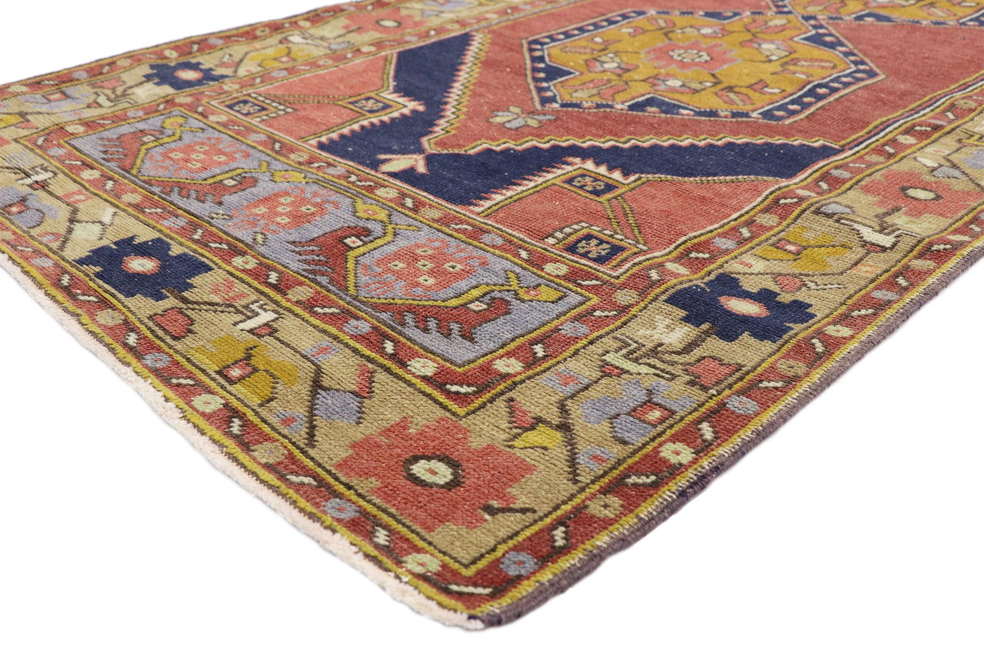 52401 Vintage Turkish Oushak Rug, 03'04 x 09'02. Turkish Oushak carpet runners, originating from the Oushak region in western Turkey, are renowned for their intricate designs, expansive geometric patterns, and serene color palettes, boasting a rich