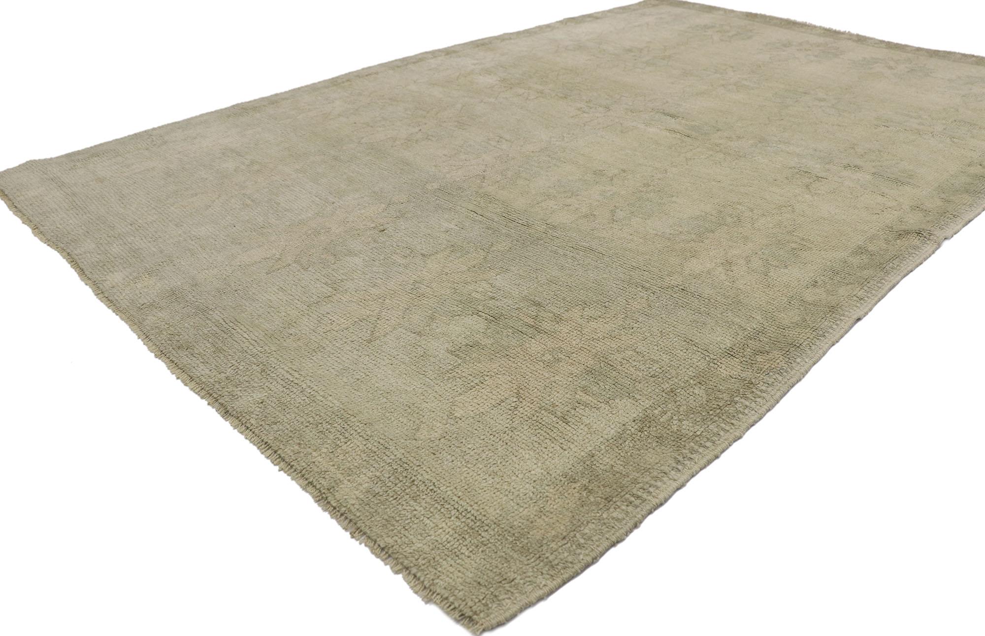 53619 Vintage Turkish Oushak rug 04'08 x 07'00. Cleverly composed with understated elegance in neutral colors, this hand knotted wool vintage Turkish Oushak rug will take on a curated lived-in look that feels timeless while imparting a sense of