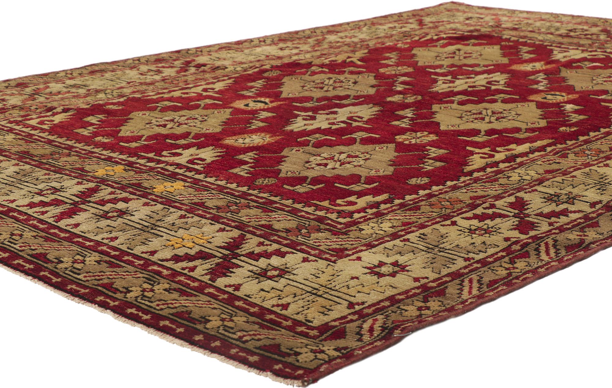 53695 Vintage Turkish Oushak rug 5'06 x 8'00. This hand-knotted wool vintage Turkish Oushak rug features an all-over geometric pattern composed of ambiguous motifs. It is enclosed with a rectilinear leaf and star border flanked with an inner and