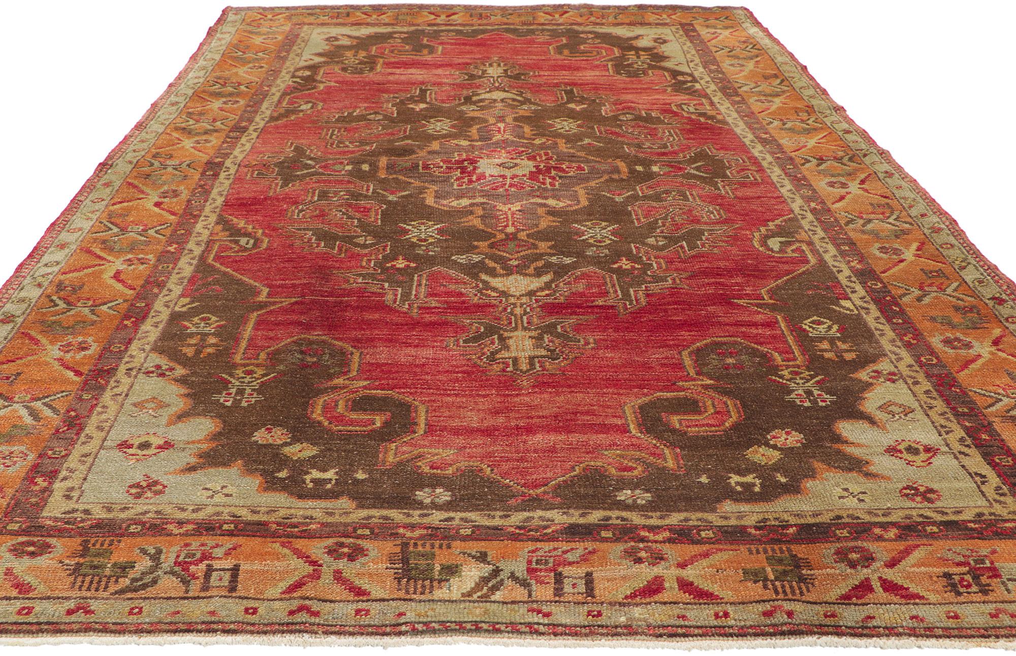 51130 Vintage Turkish Oushak rug, 05'02 x 08'09. Showcasing a traditional style, incredible detail and texture, this hand knotted wool vintage Turkish Oushak rug is a captivating vision of woven beauty. The timeless style and colorway woven into