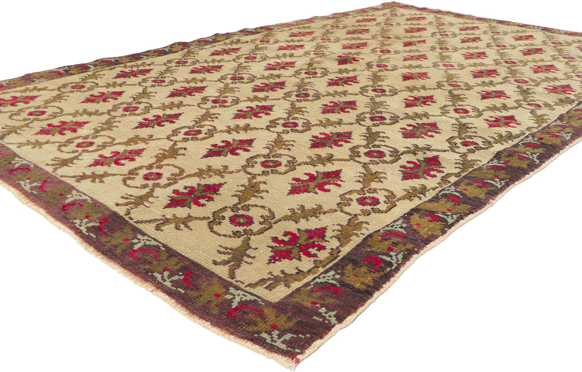 51671 vintage Turkish oushak rug, 04'11 x 08'03.
Showcasing traditional style with incredible detail and texture, this hand knotted wool vintage Turkish Oushak rug is a captivating vision of woven beauty. The timeless design and earthy colorway