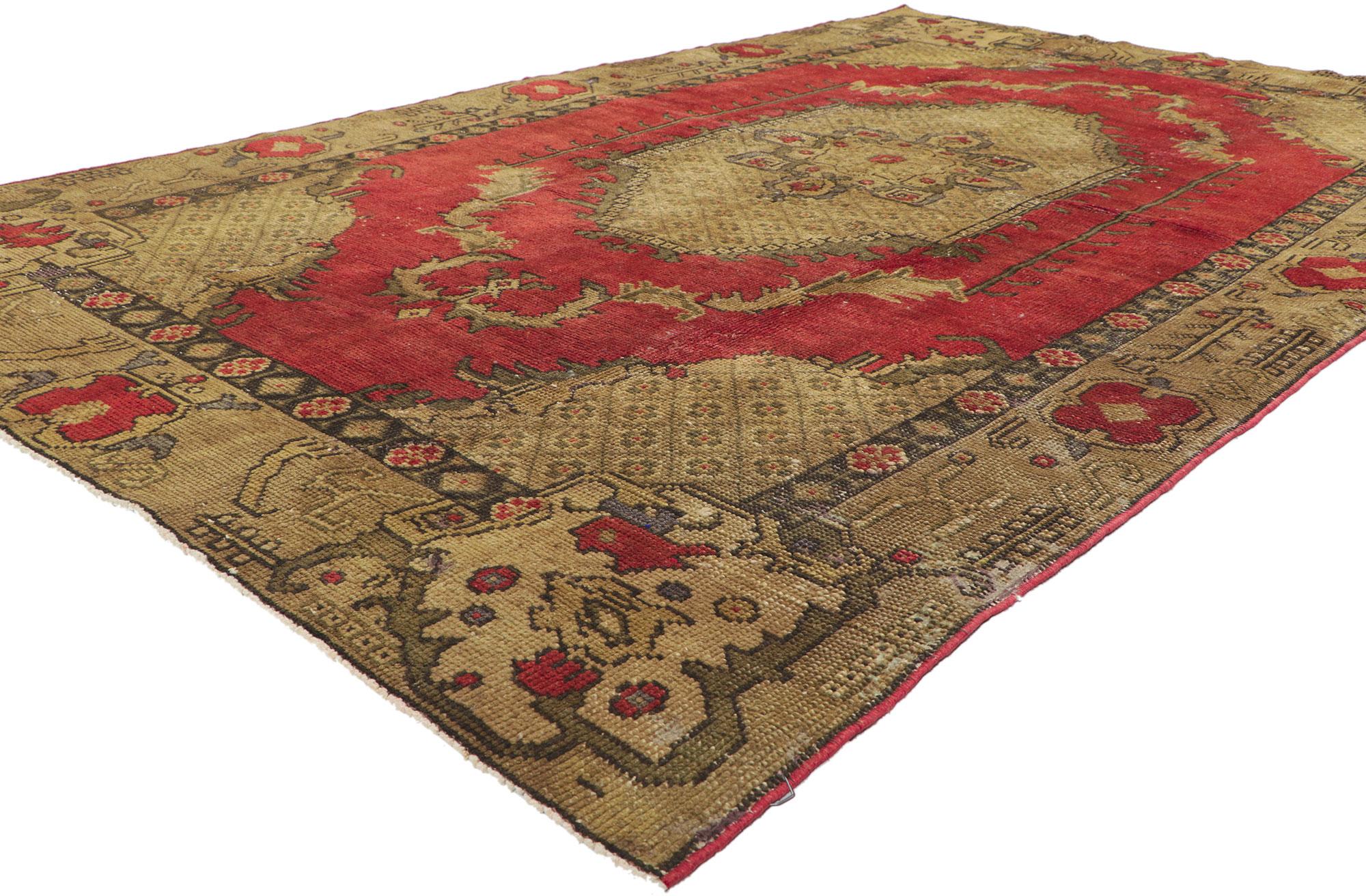 51810 vintage Turkish oushak rug, 05'02 x 08'08.
Regal and sumptuous with incredible detail and texture, this hand knotted wool vintage Turkish Oushak rug is a captivating vision of woven beauty. The medallion design and traditional colorway woven