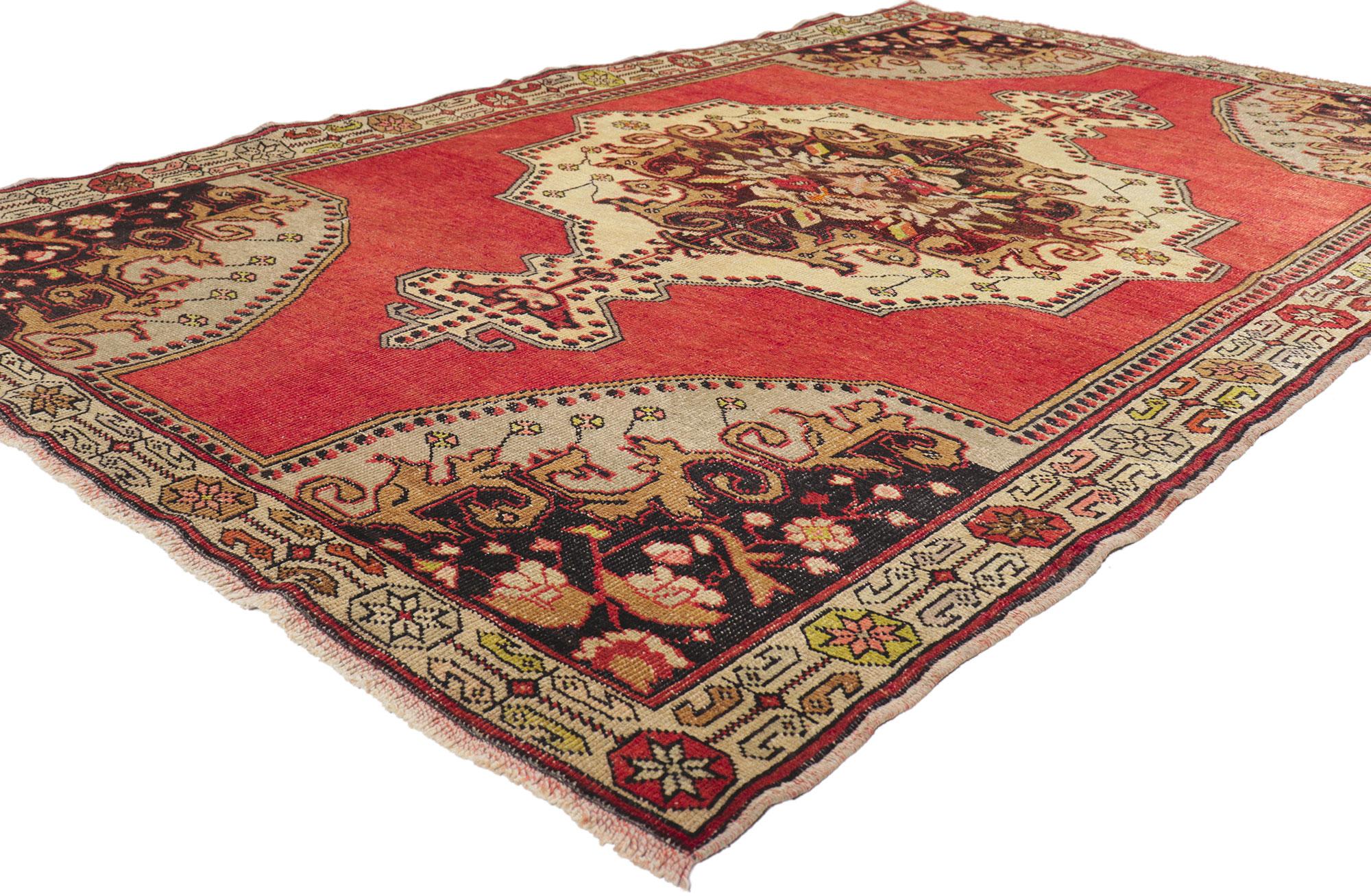 50722 Vintage Red Turkish Oushak Rug, 04'10 X 08'00. In this hand-knotted wool vintage Turkish Oushak rug, a majestic cusped center medallion adorned with Elibelinde pendants floats serenely against a lavish red field. The classic Elibelinde motif,