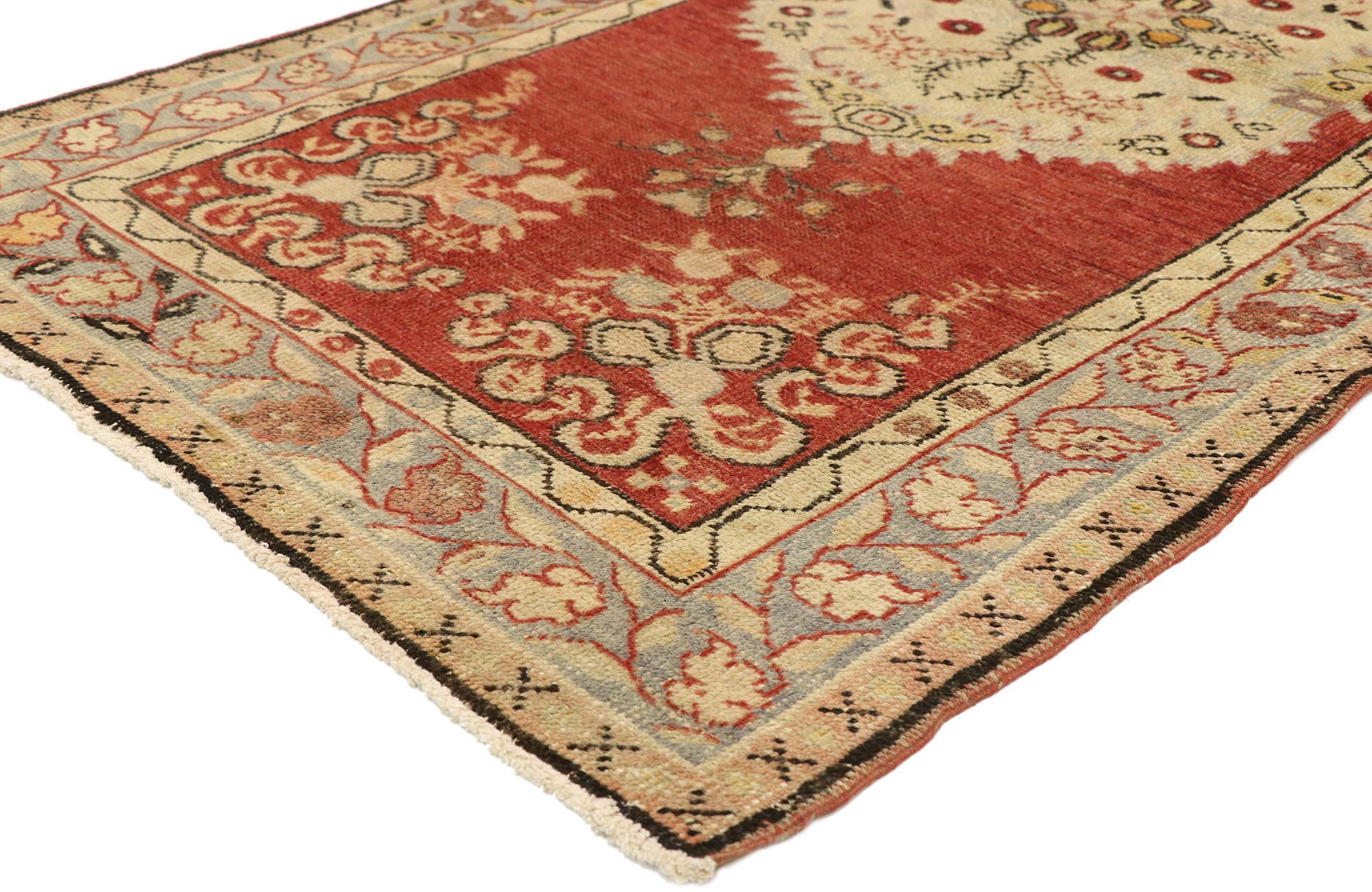 51318 Vintage Turkish Oushak Rug, 03'04 x 06'09. In this hand knotted wool vintage Turkish Oushak rug, French Rococo Romanticism gracefully blends with timeless Anatolian tradition. An elaborate round-oval medallion rests at its heart, set against
