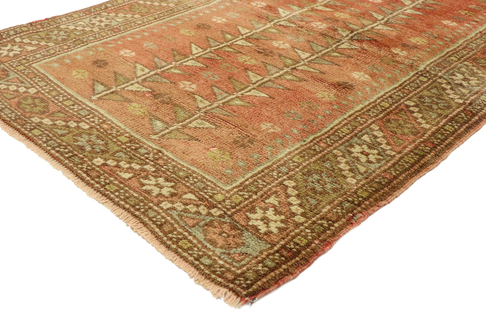 51384 Vintage Turkish Oushak Rug, 03'02  X 04'08. Small Turkish Oushak rugs with a mihrab design are traditional carpets originating from the Oushak region of Turkey. They feature a central mihrab, an arch-like niche representing the direction of