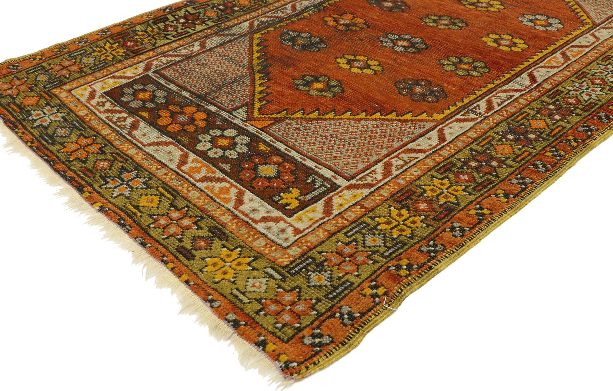 70866 Vintage Turkish Oushak Rug, 03'00 X 04'06. The hand-knotted wool vintage Turkish Oushak rug seamlessly blends rustic warmth with the whimsical curves of Art Nouveau. Its aged backdrop provides the perfect canvas for an enchanting design,
