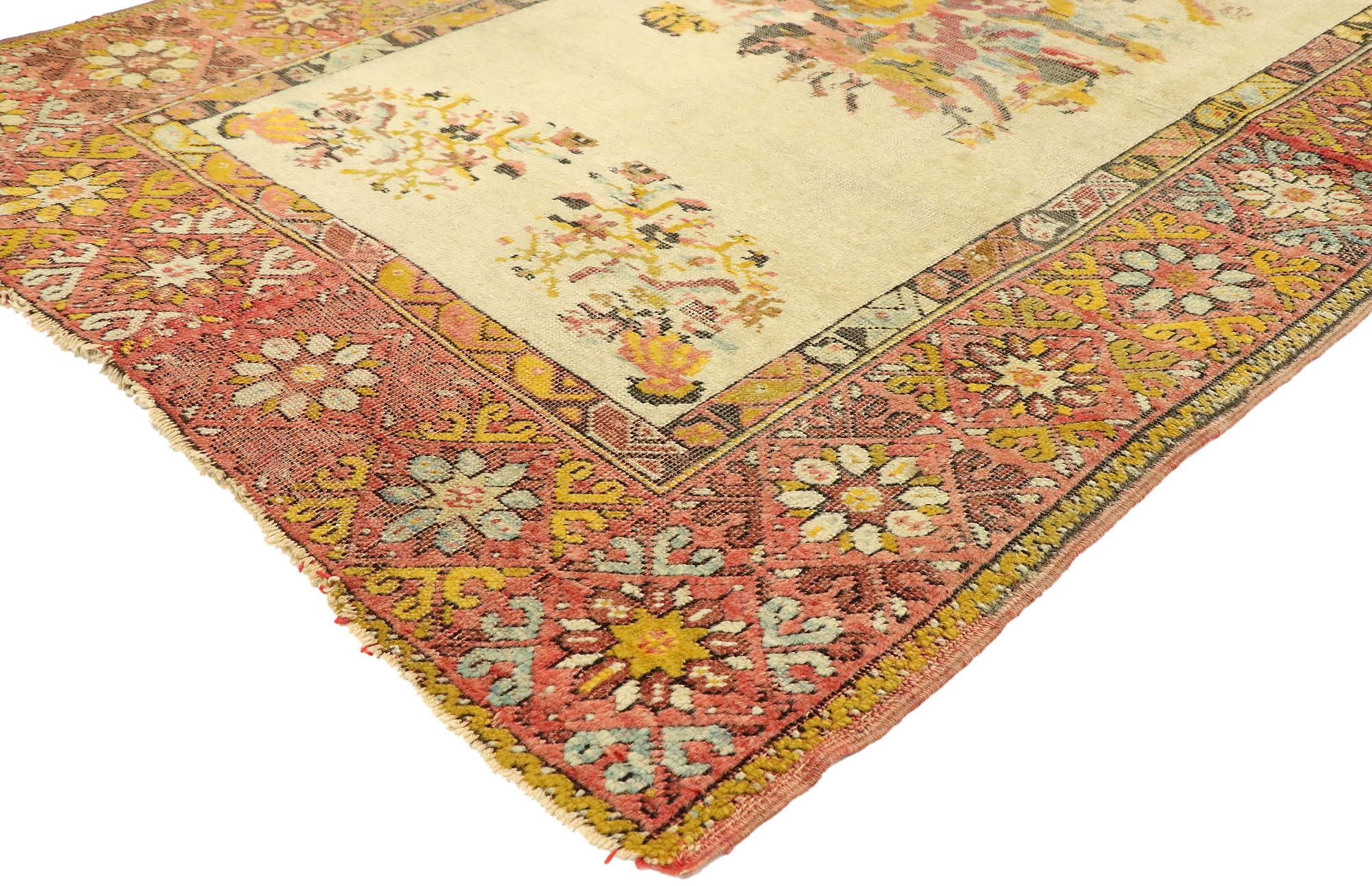 70870 Vintage Turkish Oushak Rug, 03'04 x 05'02. In this hand-knotted wool vintage Turkish Oushak rug, the convergence of romantic boho chic and the relaxed opulence of French Provincial design crafts an enchanting narrative of style. Intricately