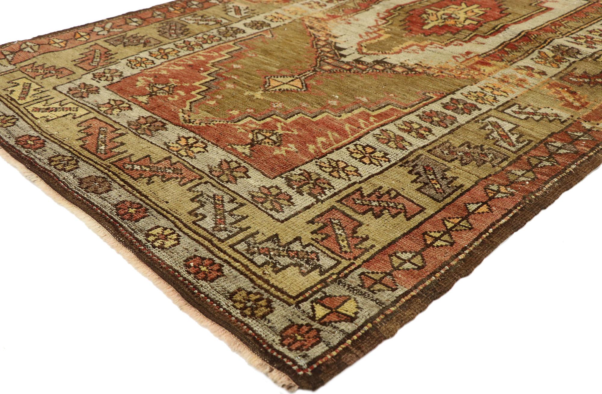 73601 Vintage Turkish Oushak Rug, 03'07 x 06'08. In this enchanting hand-knotted wool vintage Turkish Oushak rug, a mesmerizing tale unfolds with every thread and motif. At its heart lies a concentric elongated medallion, delicately adorned with