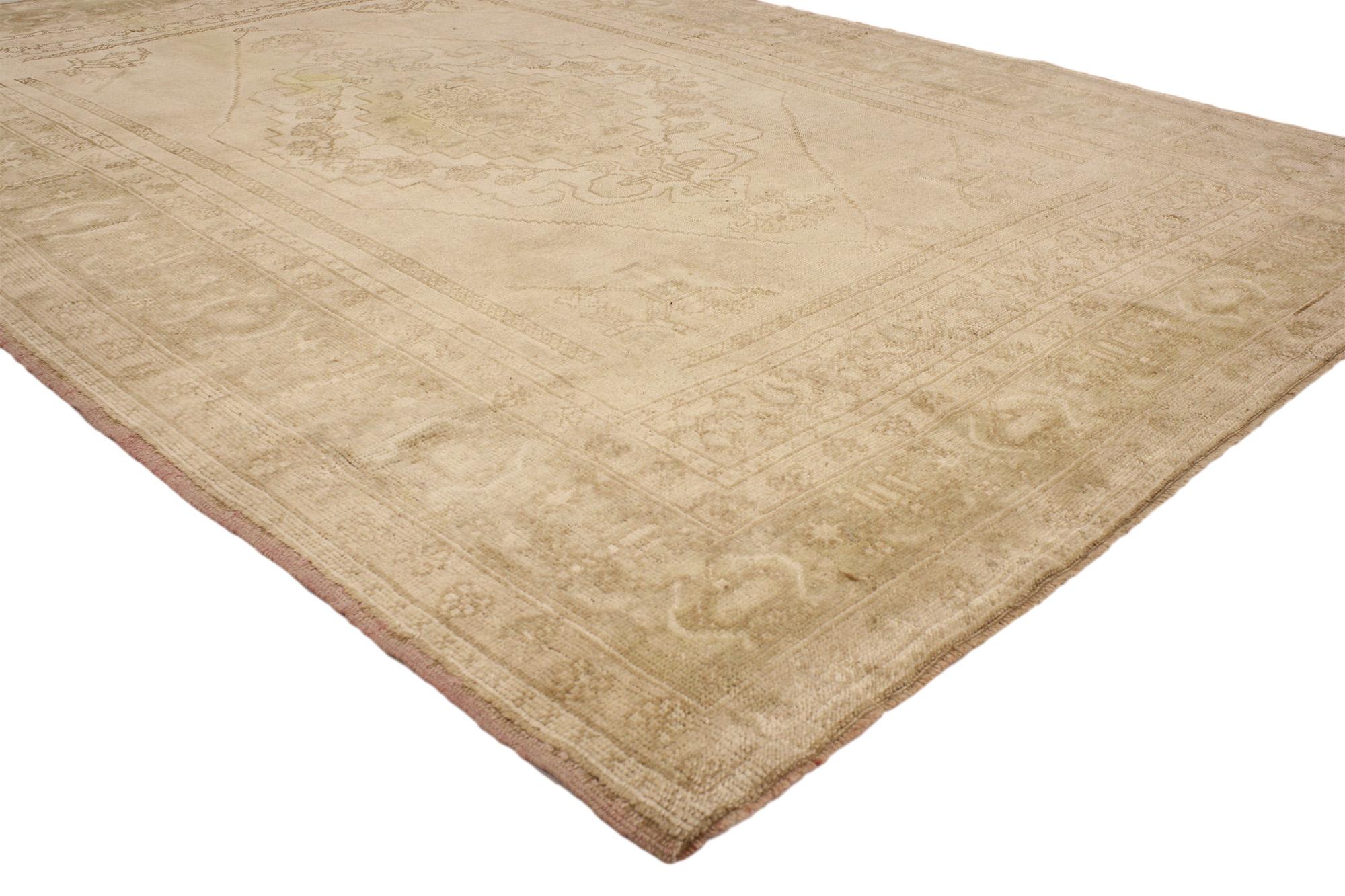 52182 Vintage Neutral Turkish Oushak Rug, 05’10 x 08’03. Imbued with timeless tradition and crafted with meticulous artisanal skill, antique-washed Turkish Oushak rugs originate from the revered Oushak region, where they undergo a meticulous washing