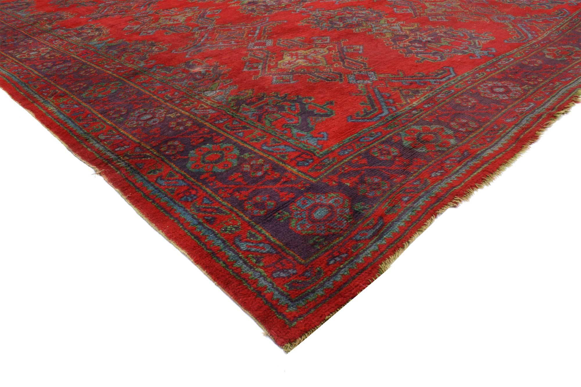 76752, Vintage Turkish Oushak Rug Inspired by Thomas Eakins. This hand-knotted wool vintage Turkish Oushak rug not only carries deep meaning woven within the piece, but it is also very similar to the Oushak rug is in a painting from 1876, 'Portrait
