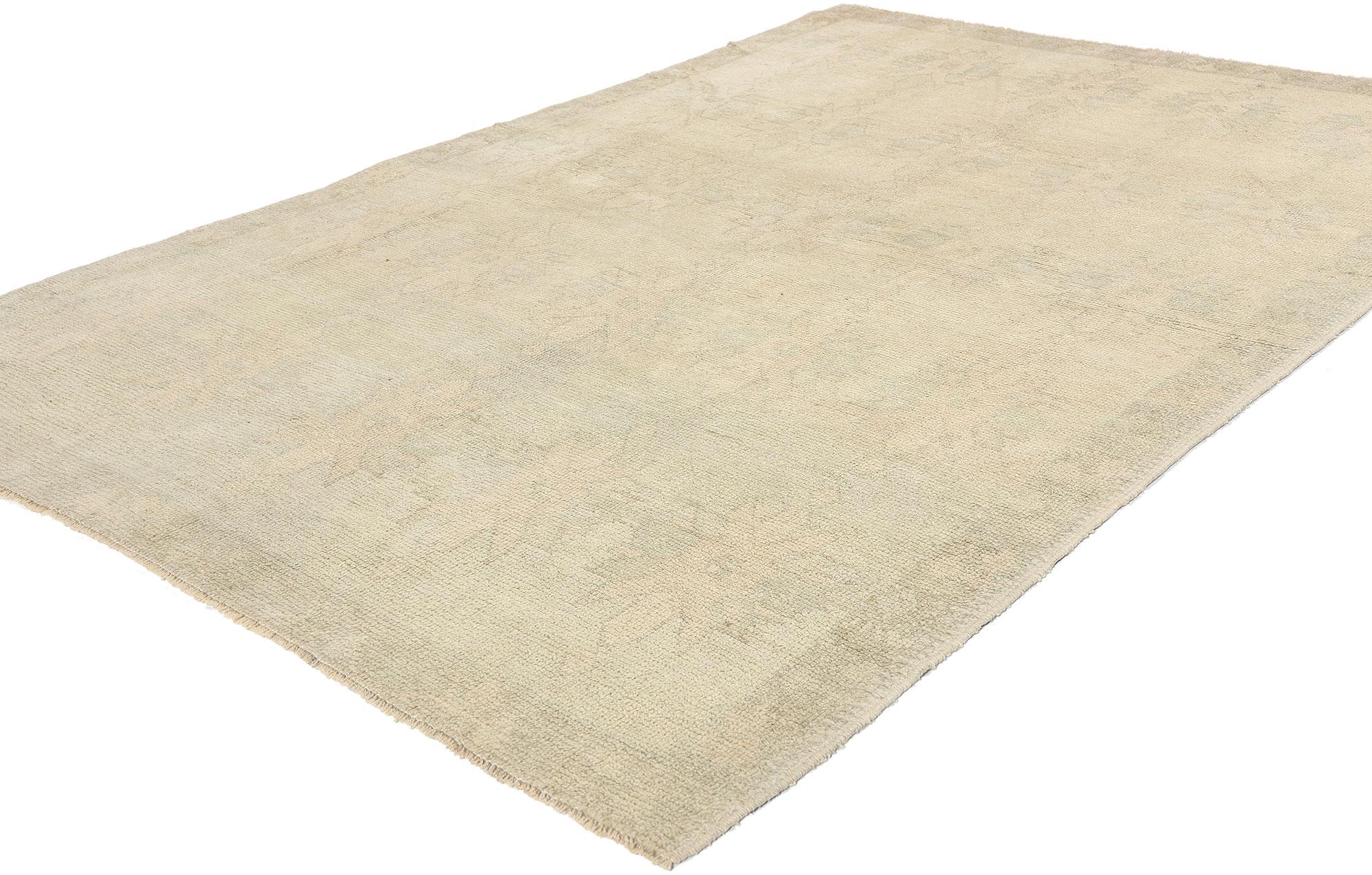 53619 Vintage Muted Turkish Oushak Rug, 04'08 x 07'00. Antique-washed Turkish Oushak rugs with subdued colors are Oushak rugs that have undergone a specialized washing process without altering the texture or integrity of the pile. This washing