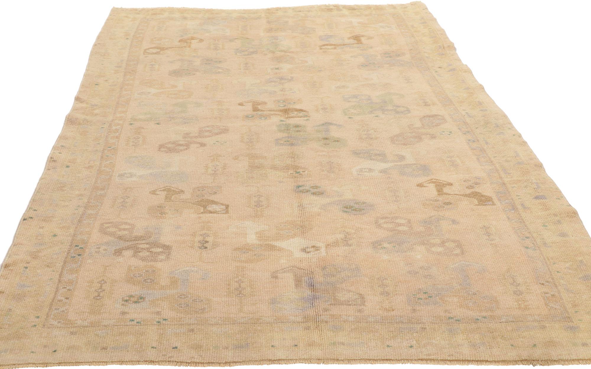 Hand-Knotted Vintage Turkish Oushak Rug, Subtle Shibui Meets Biophilic Design For Sale