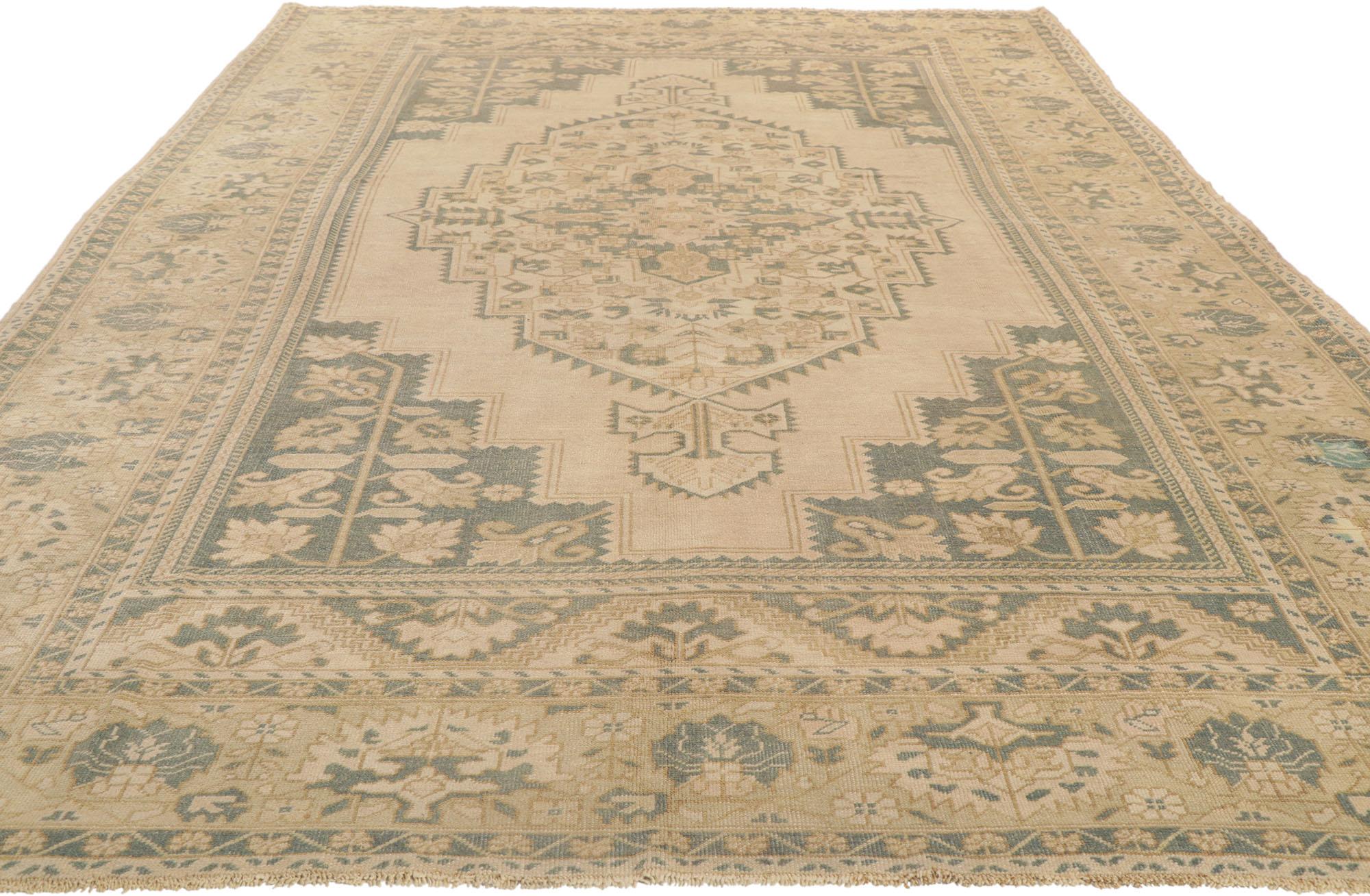 Hand-Knotted Vintage Turkish Oushak Rug Soft Earth-Tone Colors For Sale