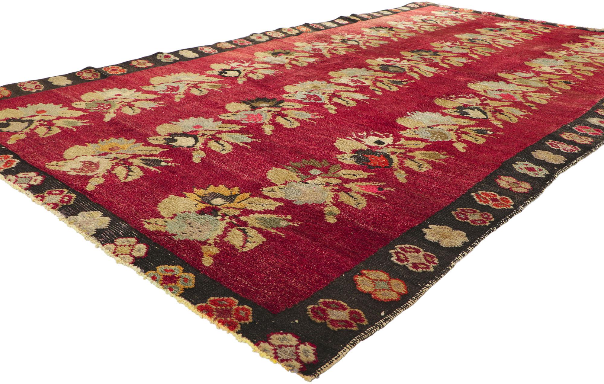Hand-Knotted Vintage Red Turkish Oushak Rug with Lively Earth-Tone Colors For Sale