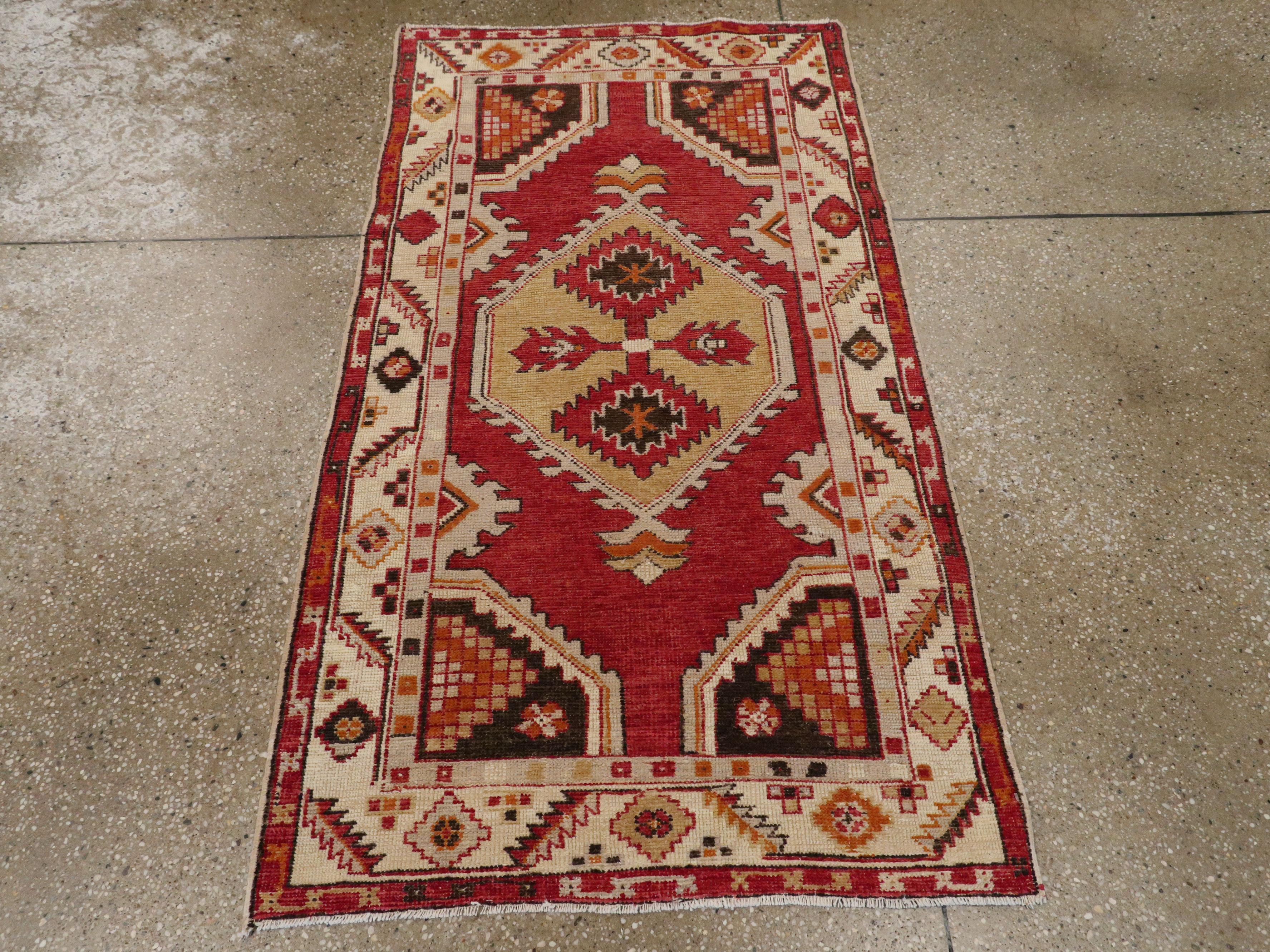 Hand-Knotted Midcentury Handmade Turkish Oushak Throw Rug In Red and Ivory For Sale