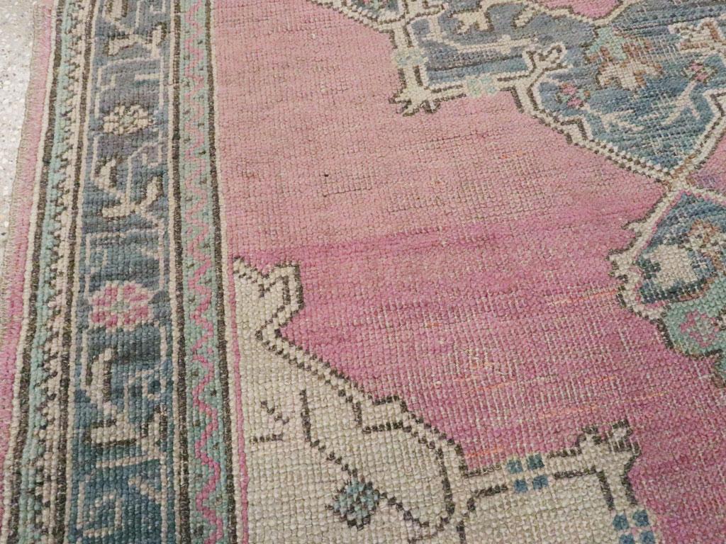 Victorian Midcentury Handmade Turkish Oushak Throw Rug In Pink and Blue-Grey