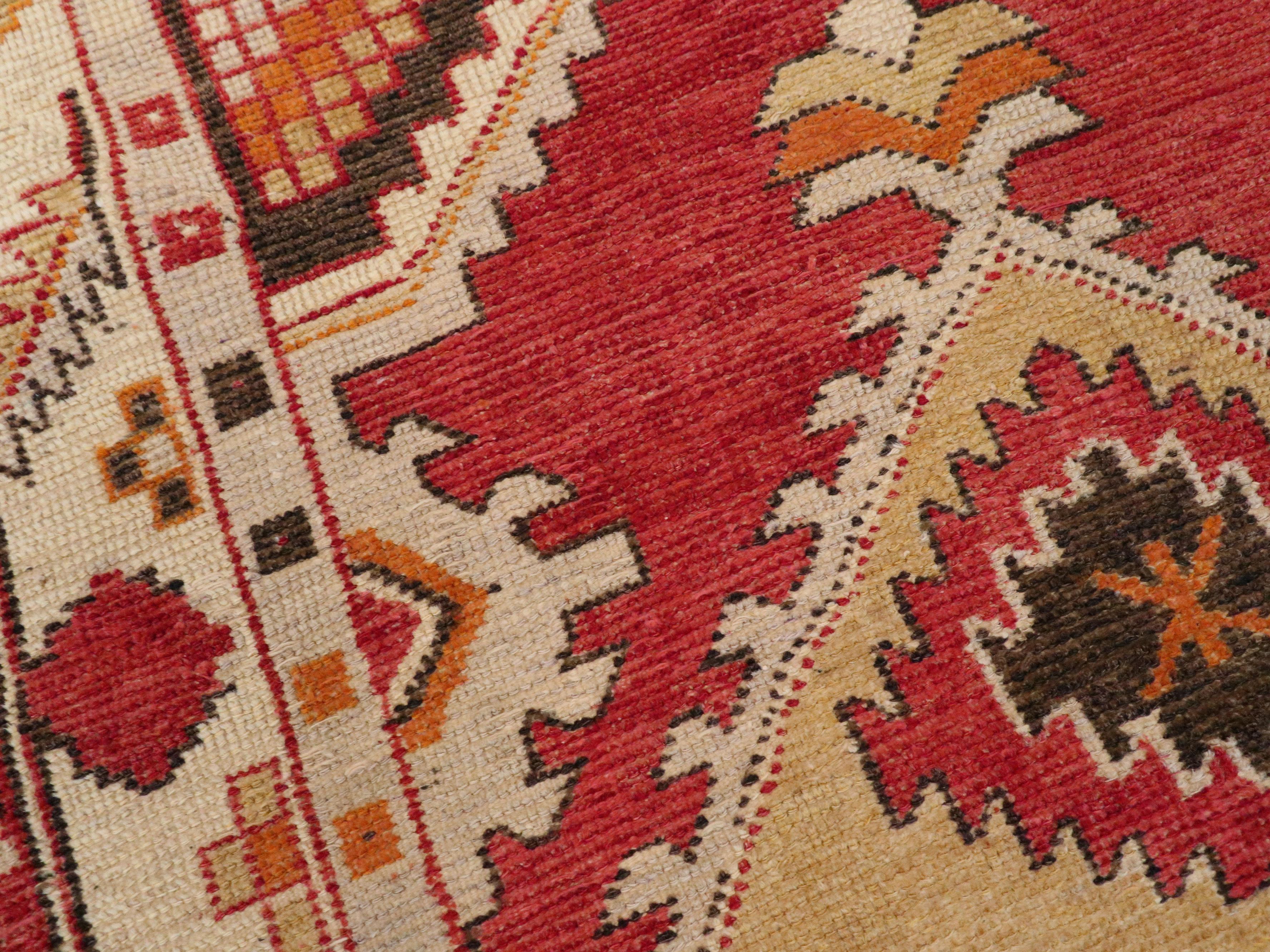 20th Century Midcentury Handmade Turkish Oushak Throw Rug In Red and Ivory For Sale