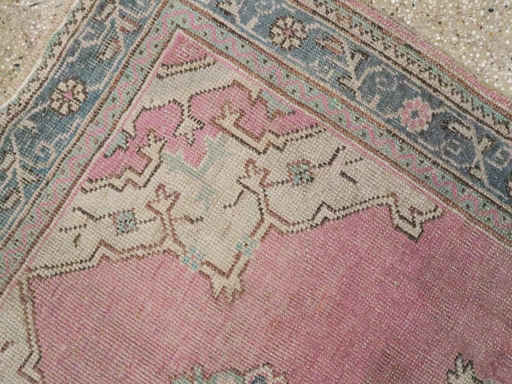 Hand-Knotted Midcentury Handmade Turkish Oushak Throw Rug In Pink and Blue-Grey