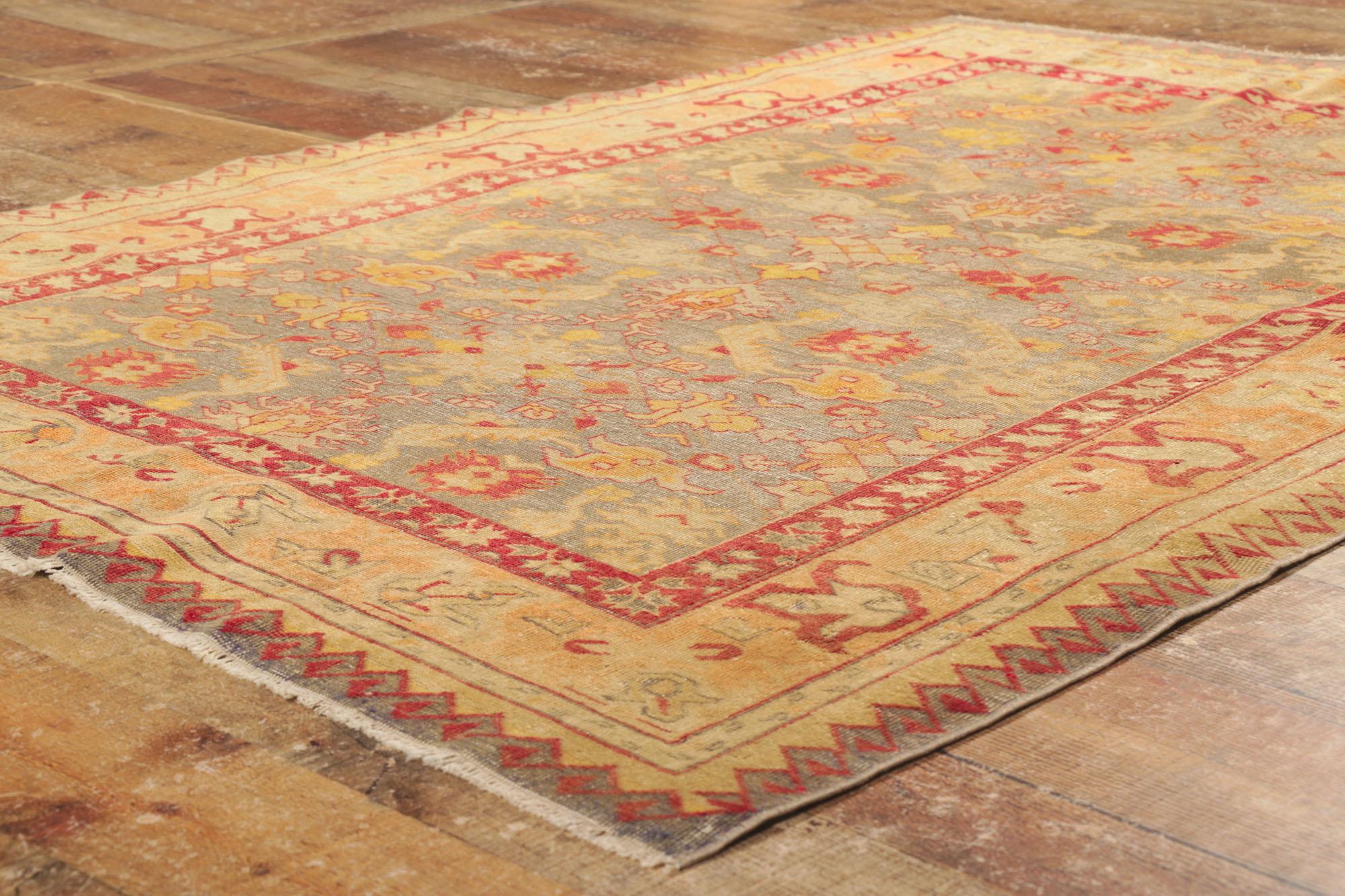 Wool Vintage Turkish Oushak Rug, Rustic Sensibility Meets Weathered Finesse For Sale