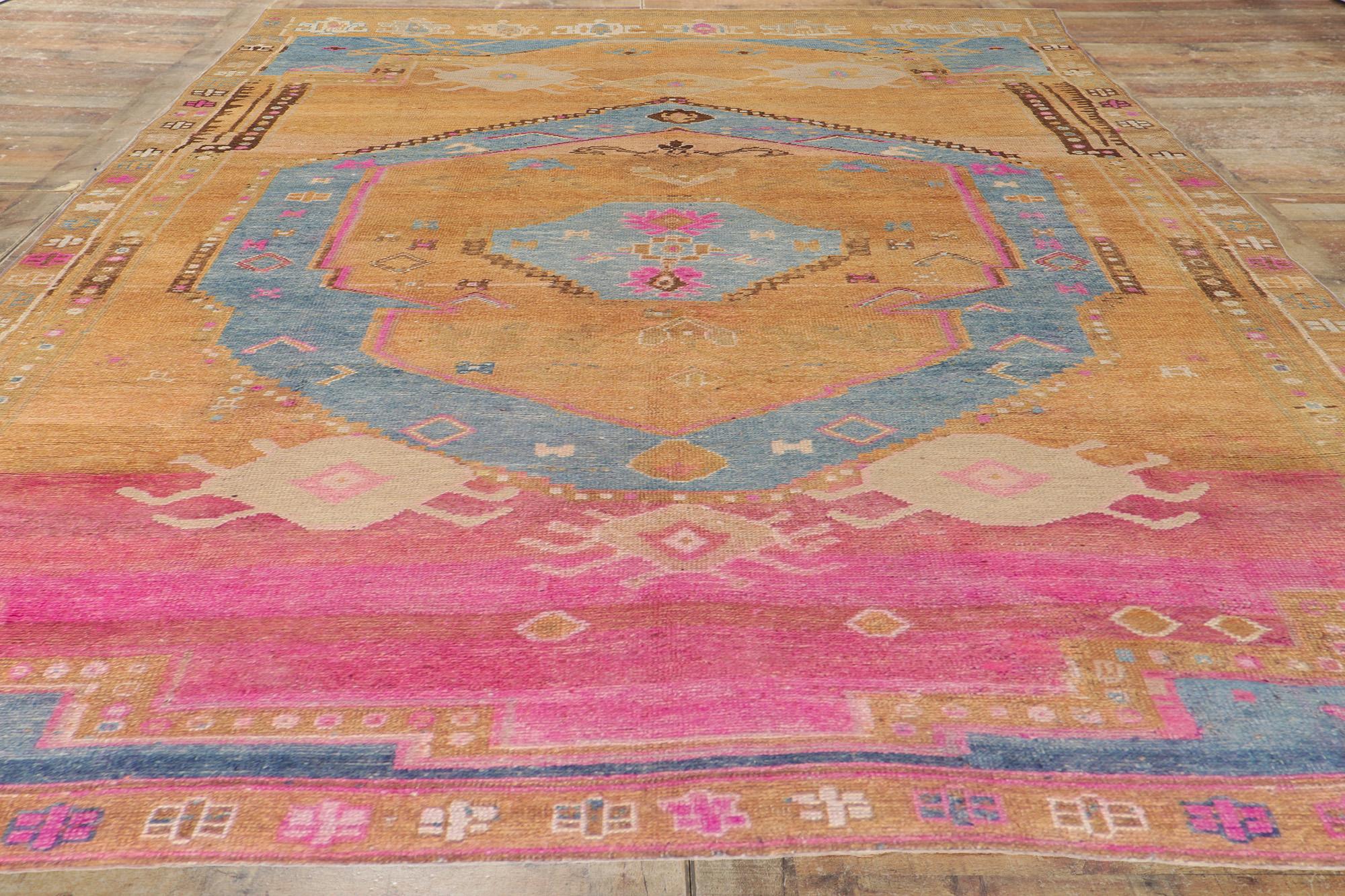 Vintage Turkish Oushak Rug, Colorfully Curated Meets Global Chic For Sale 2