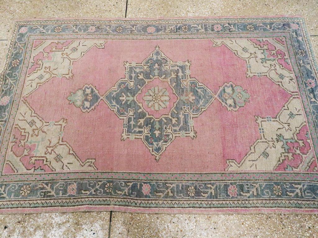 Midcentury Handmade Turkish Oushak Throw Rug In Pink and Blue-Grey In Fair Condition In New York, NY
