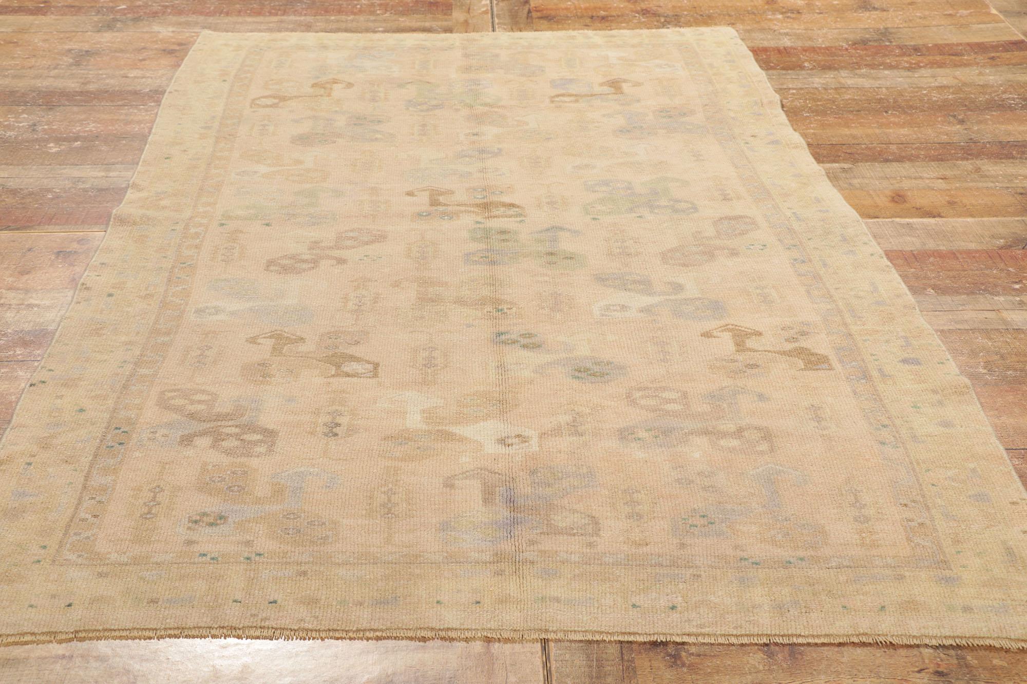 Vintage Turkish Oushak Rug, Subtle Shibui Meets Biophilic Design For Sale 1