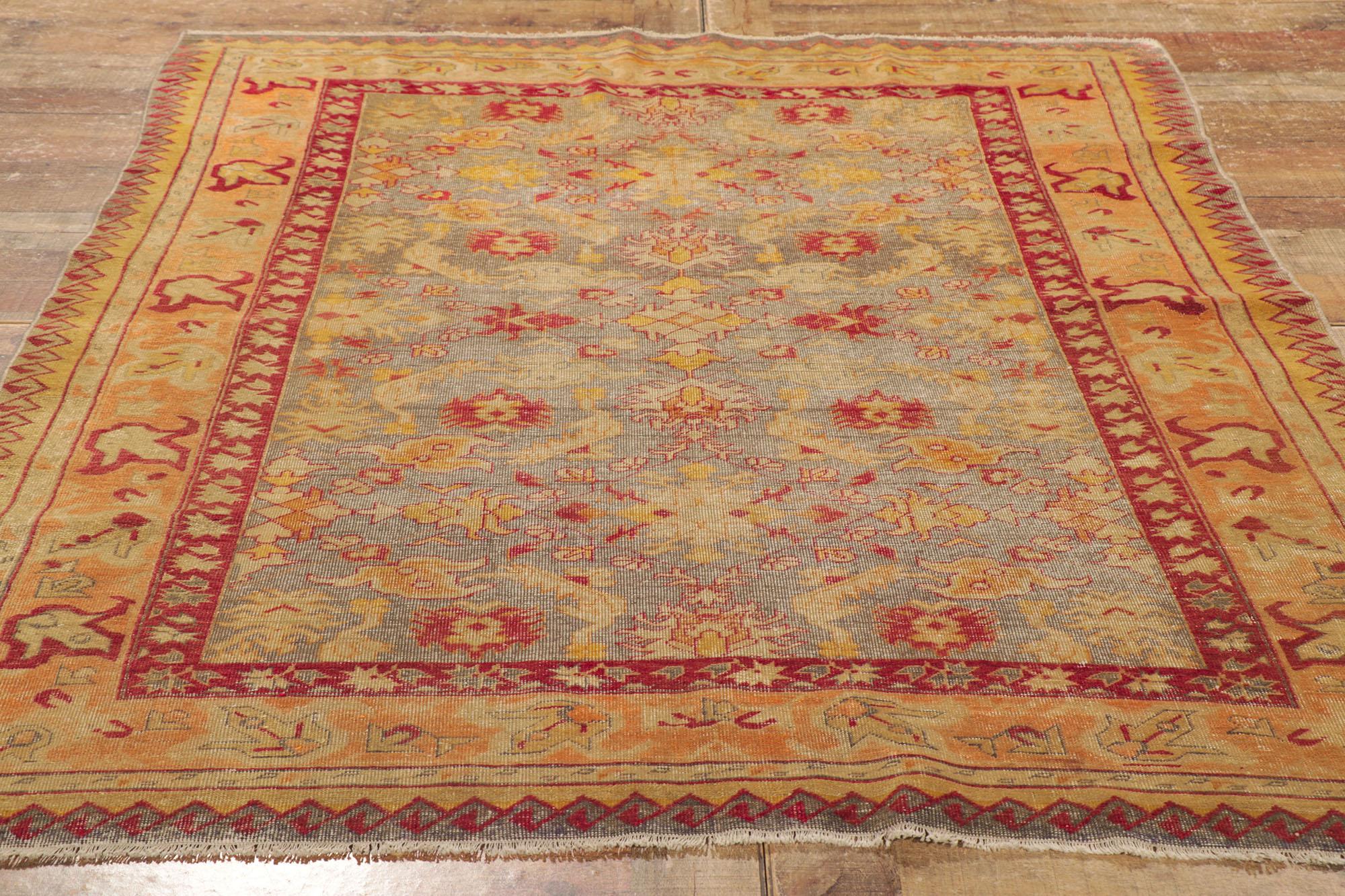 Vintage Turkish Oushak Rug, Rustic Sensibility Meets Weathered Finesse For Sale 1