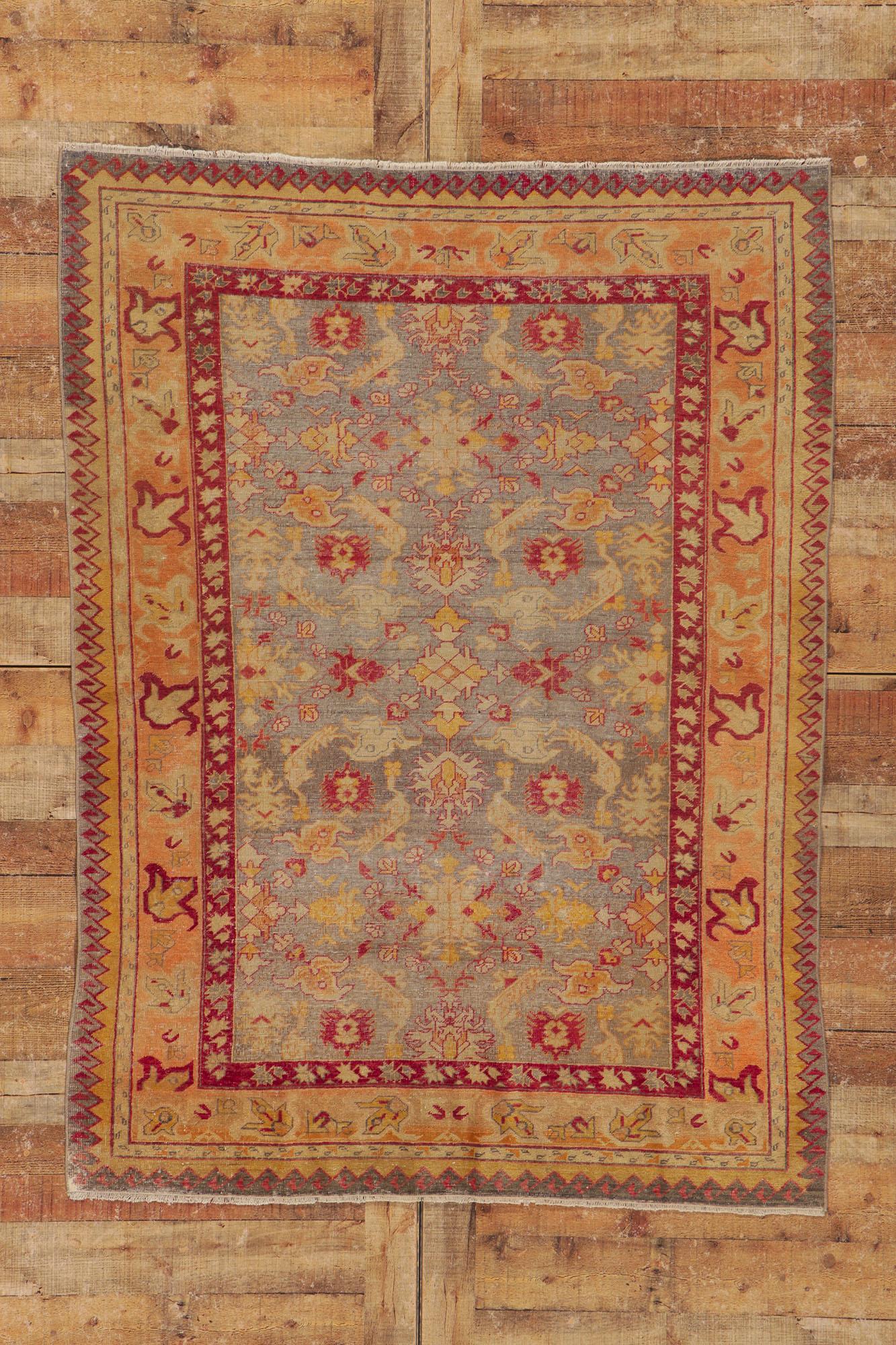 Vintage Turkish Oushak Rug, Rustic Sensibility Meets Weathered Finesse For Sale 2