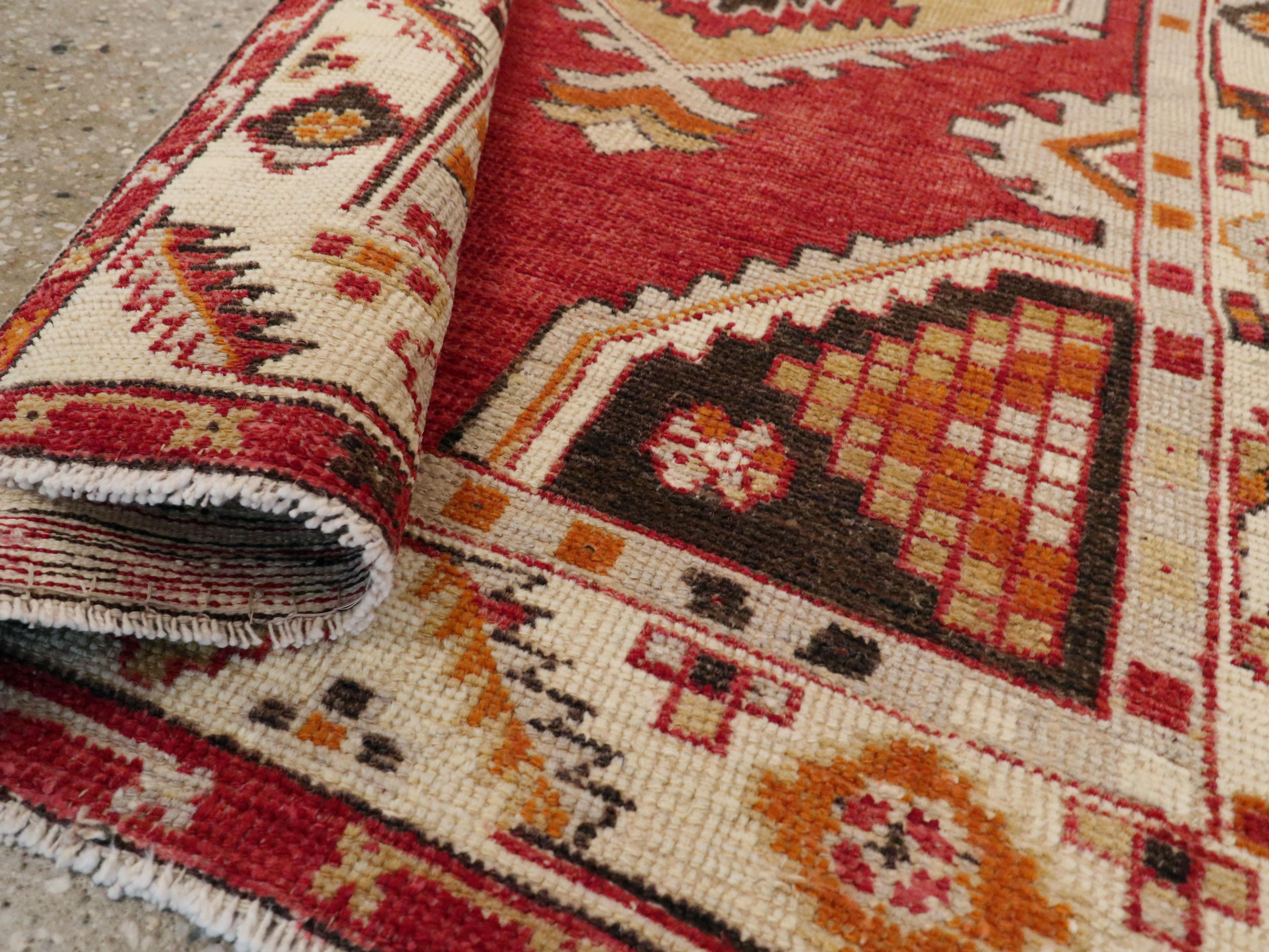 Midcentury Handmade Turkish Oushak Throw Rug In Red and Ivory For Sale 2