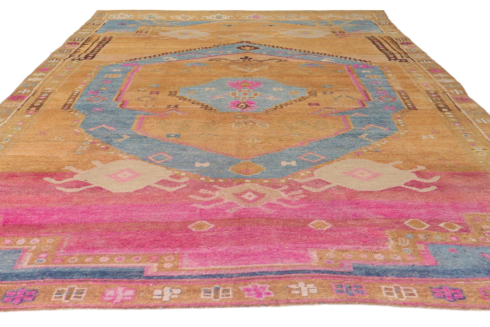 Hand-Knotted Vintage Turkish Oushak Rug, Colorfully Curated Meets Global Chic For Sale