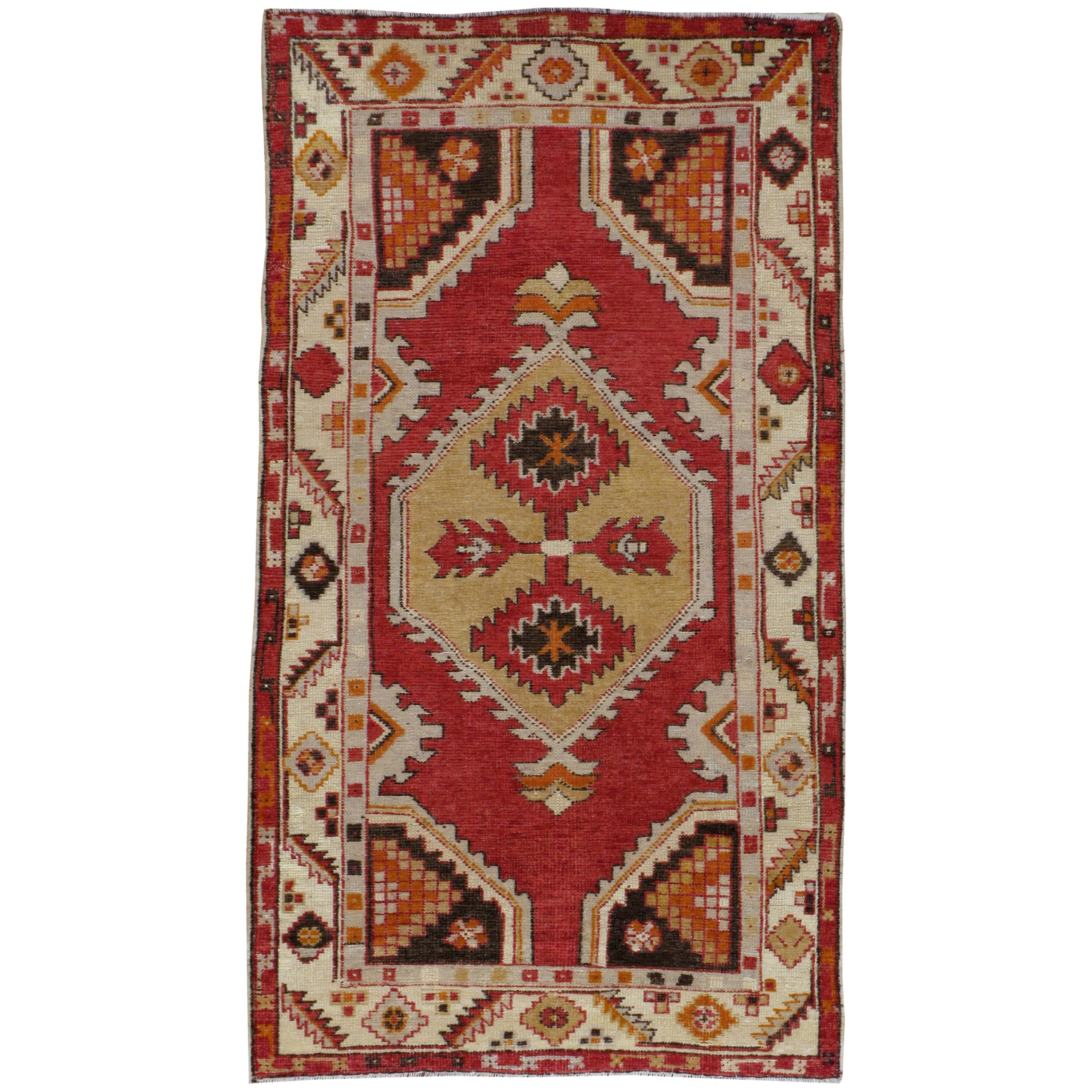 Midcentury Handmade Turkish Oushak Throw Rug In Red and Ivory